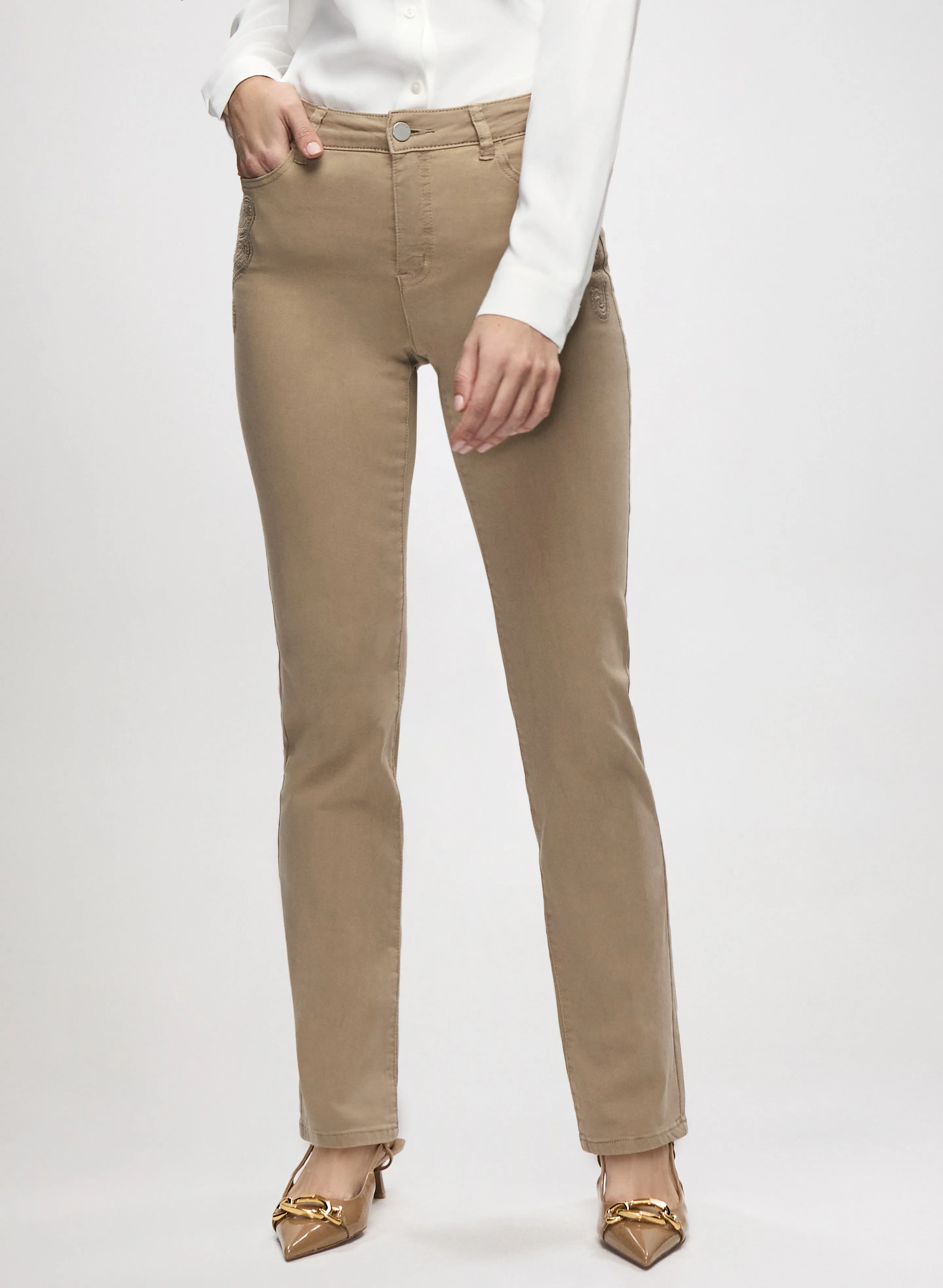 Embroidered Straight Leg Denim Pants sold by Laura