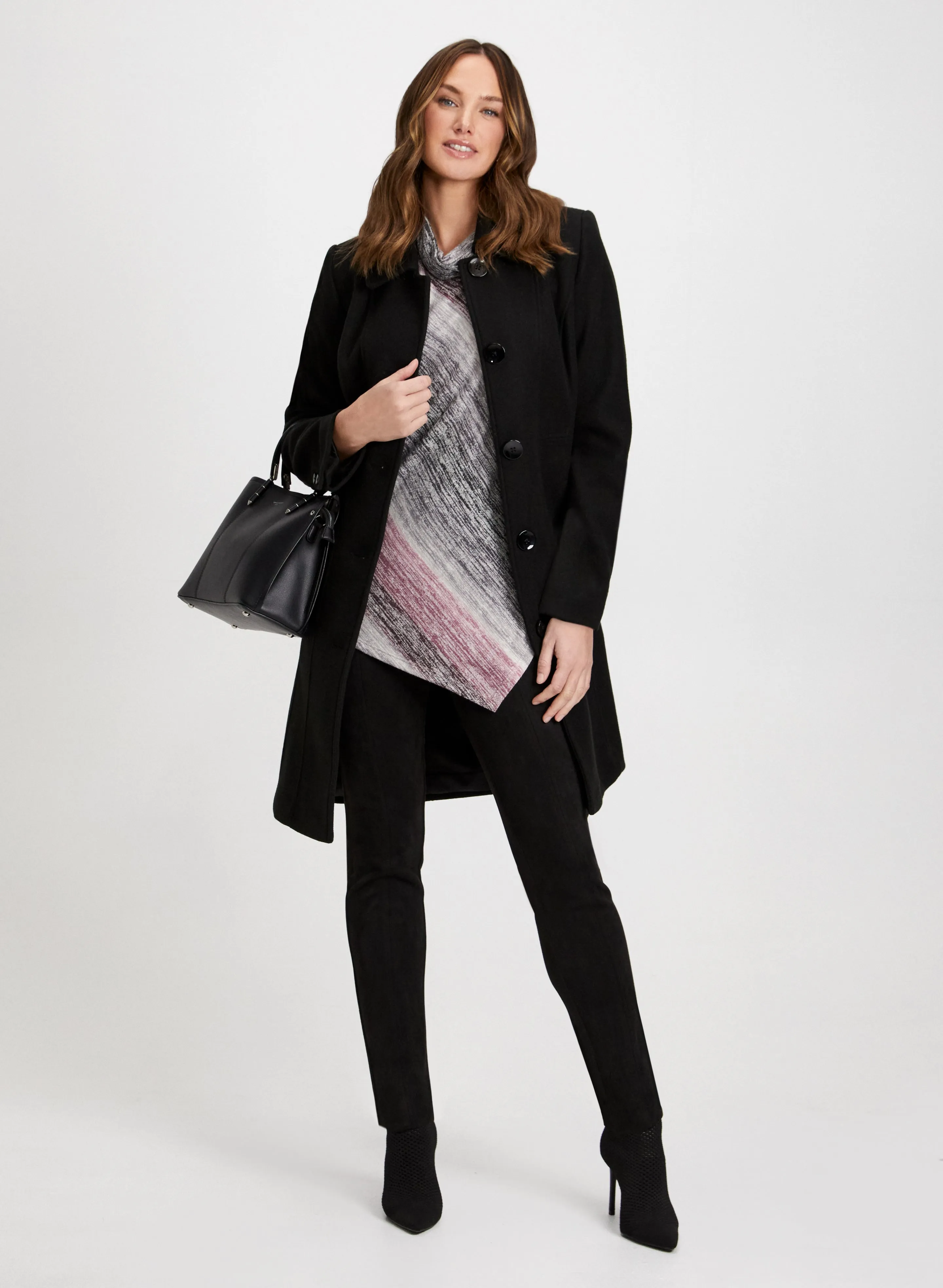 Wool Blend Coat, Asymmetric Stripe Print Top & Leggings sold by Laura