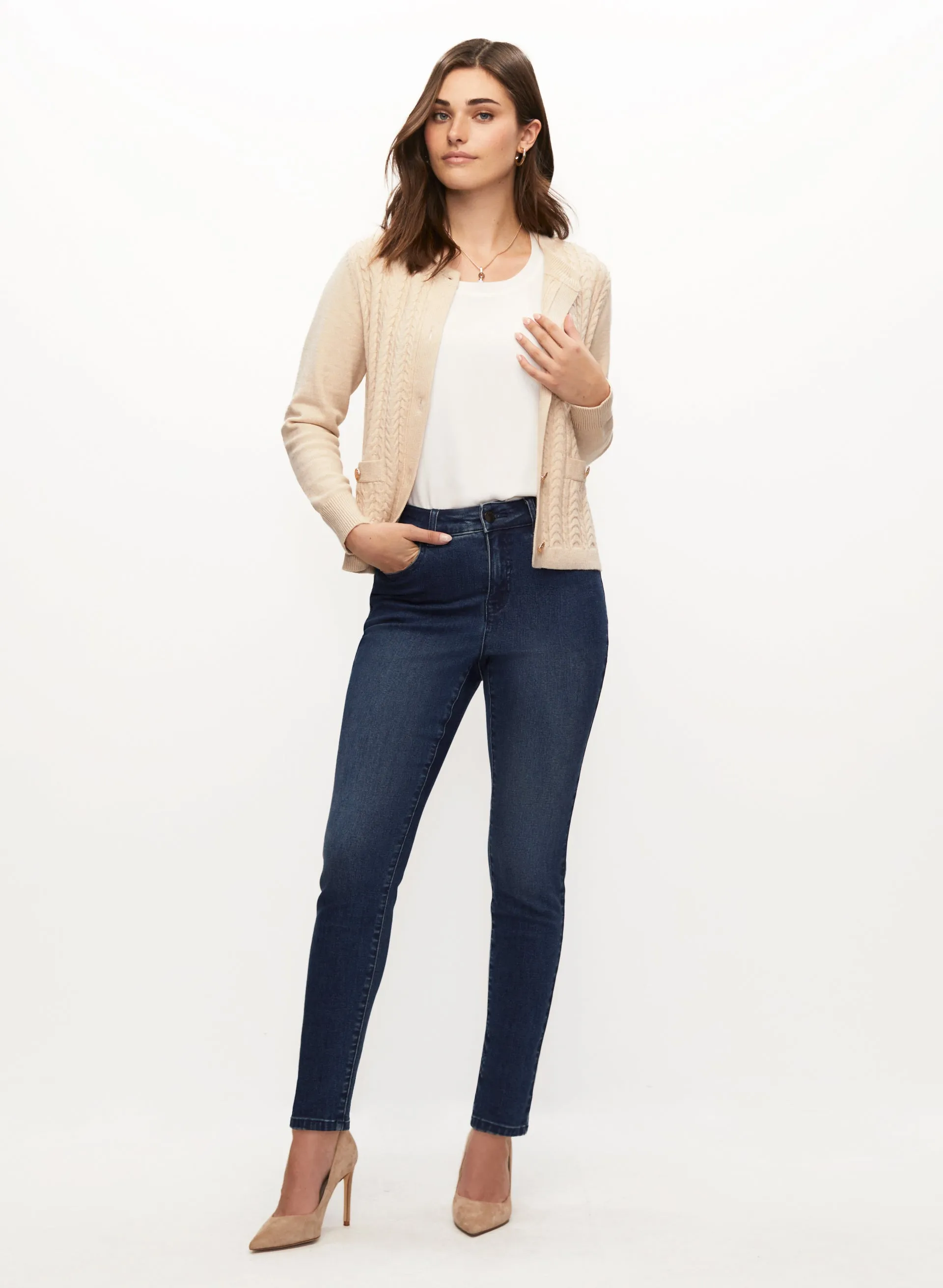 Cable Knit Cardigan, Sleeveless Crepe Blouse & Jeans sold by Laura