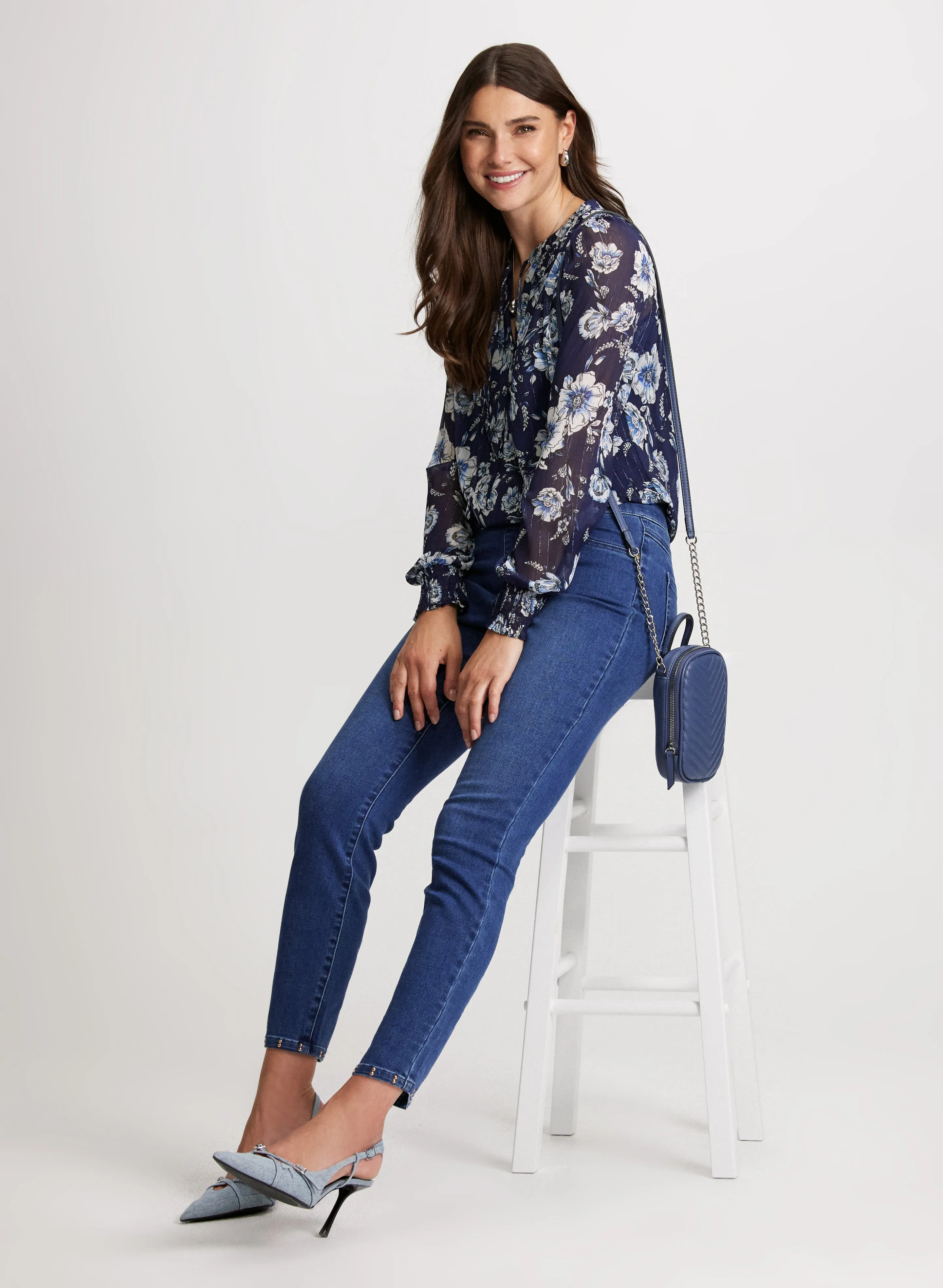 Jacquard Mixed Motif Blouse & Pull-On Slim Leg Jeans sold by Laura