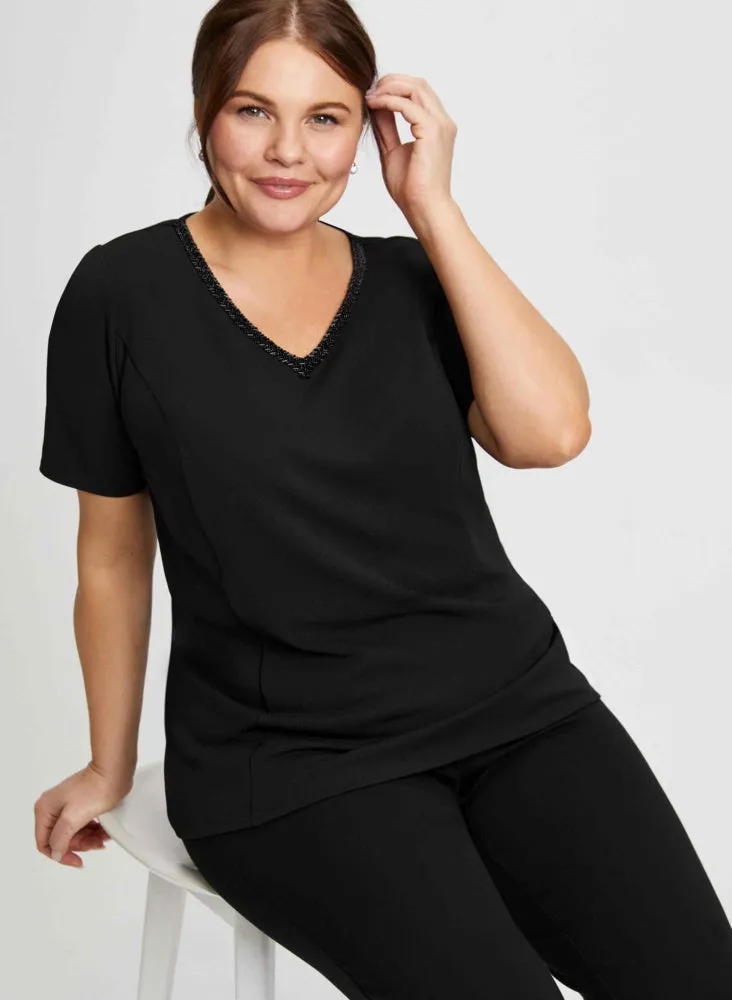 Beaded V-Neck Top & Straight Leg Pants sold by Laura