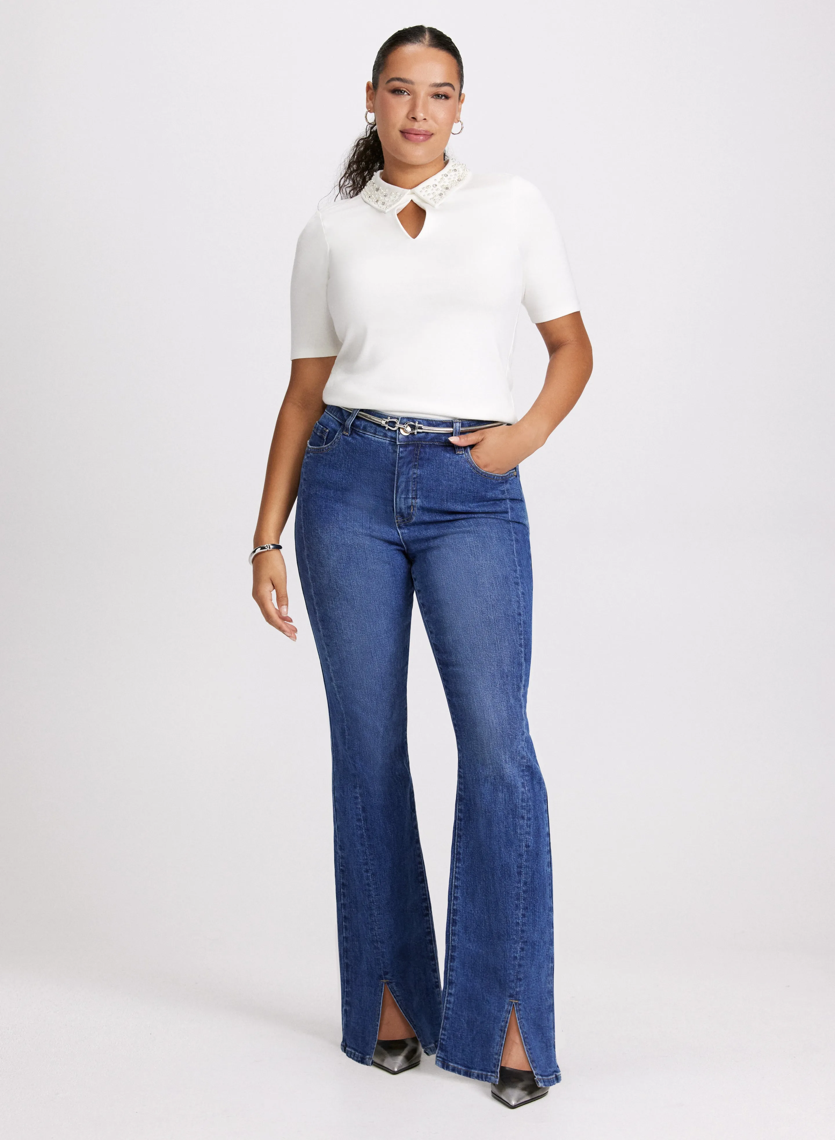 Embellished Collar Top & Flared Slit Jeans sold by Laura