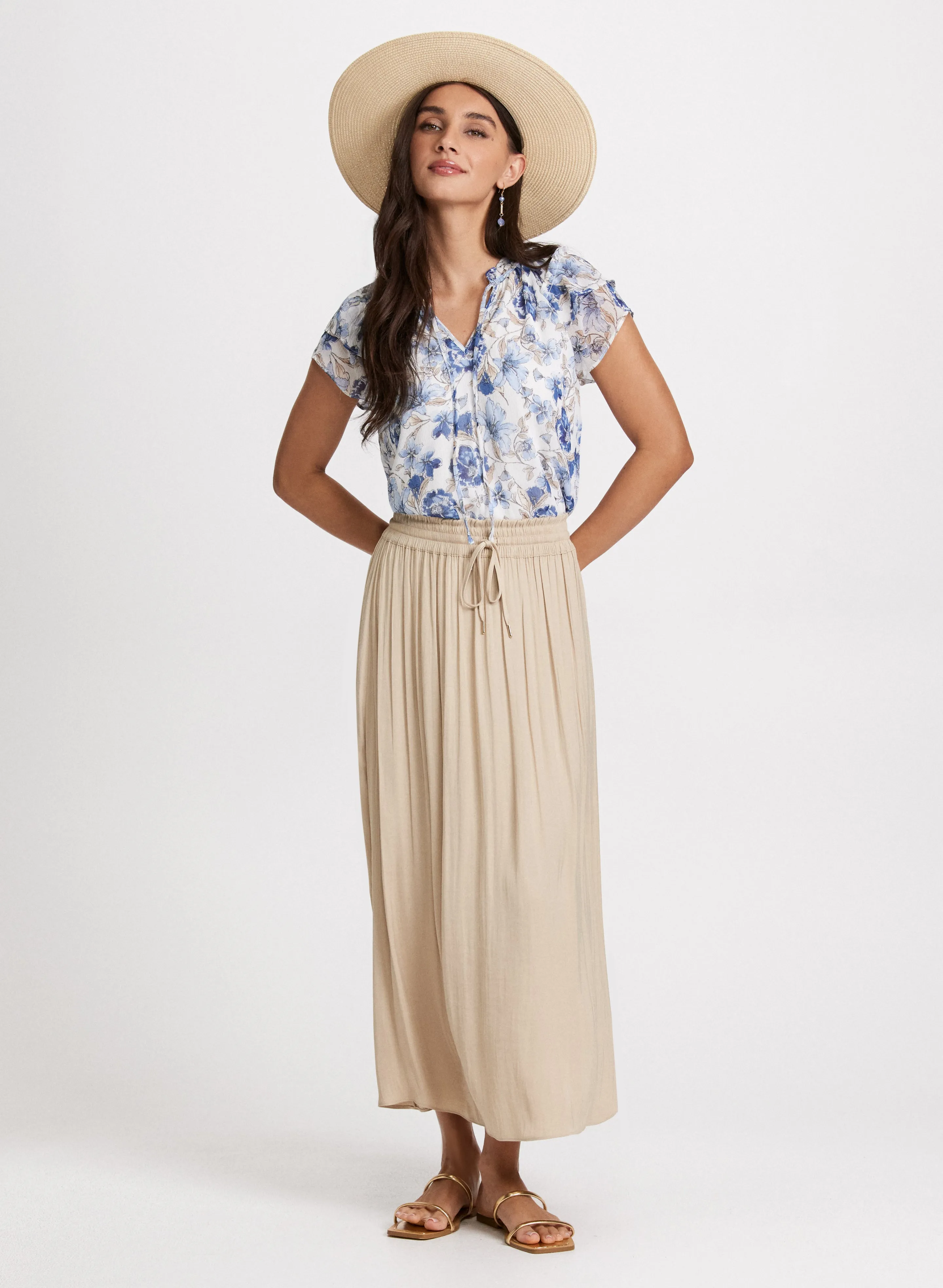 Floral Flutter Sleeve Top & Satin Drawstring Waist Skirt sold by Laura