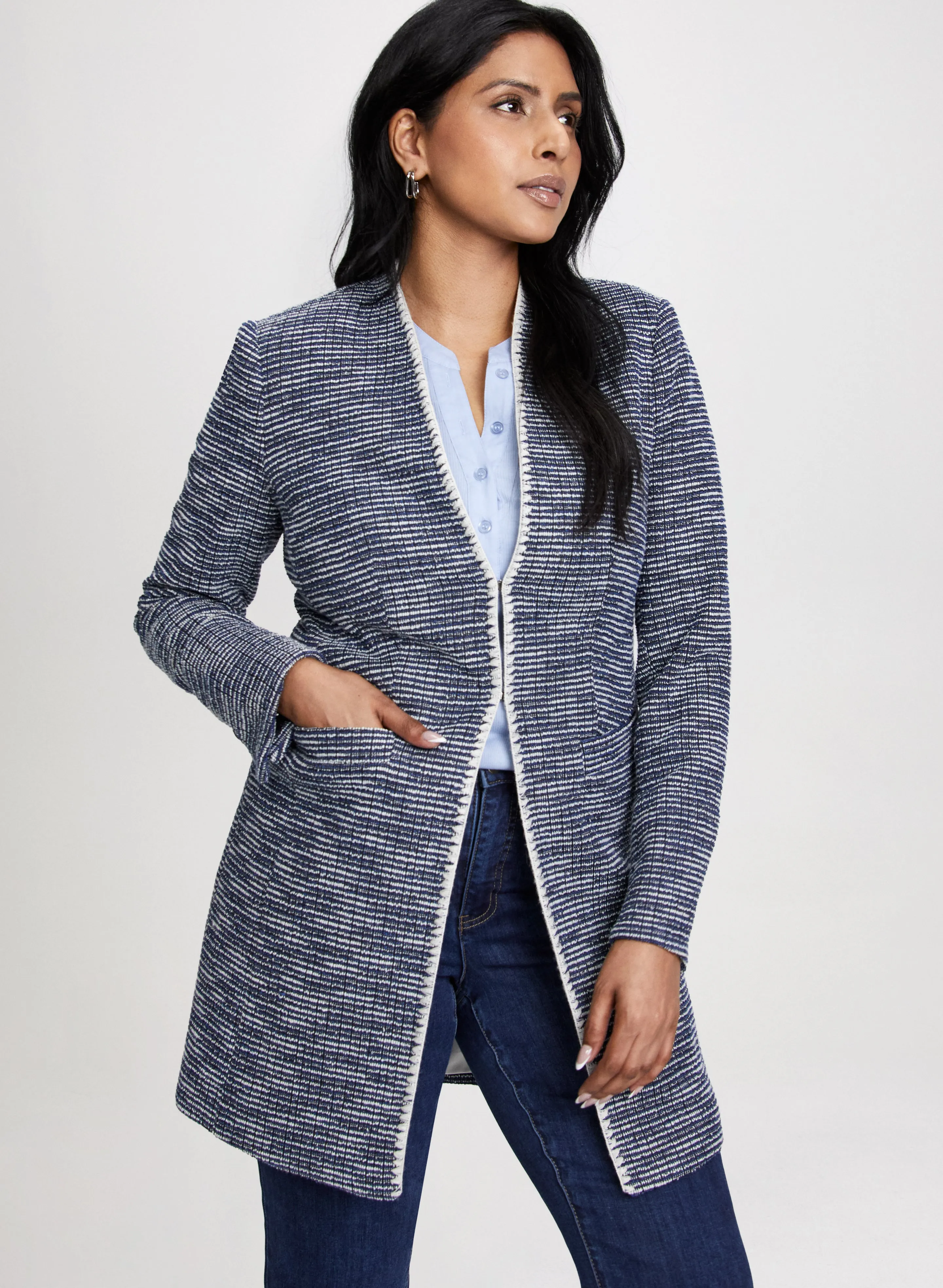 Long Contrasting Trim Bouclé Jacket sold by Laura