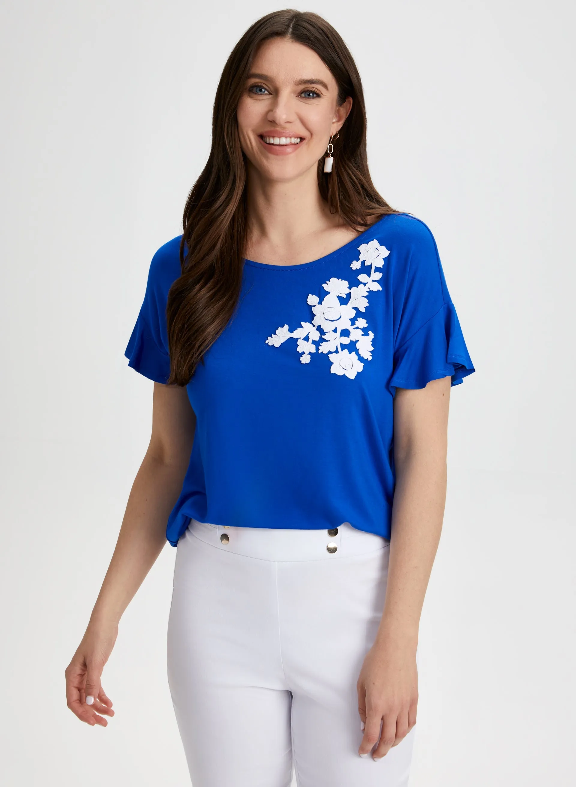 Floral Appliqué Ruffle Sleeve Tee sold by Laura