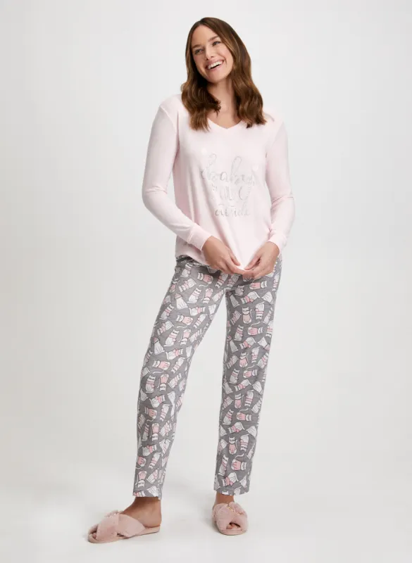 Slogan & Cat Motif Pyjama Set sold by Laura
