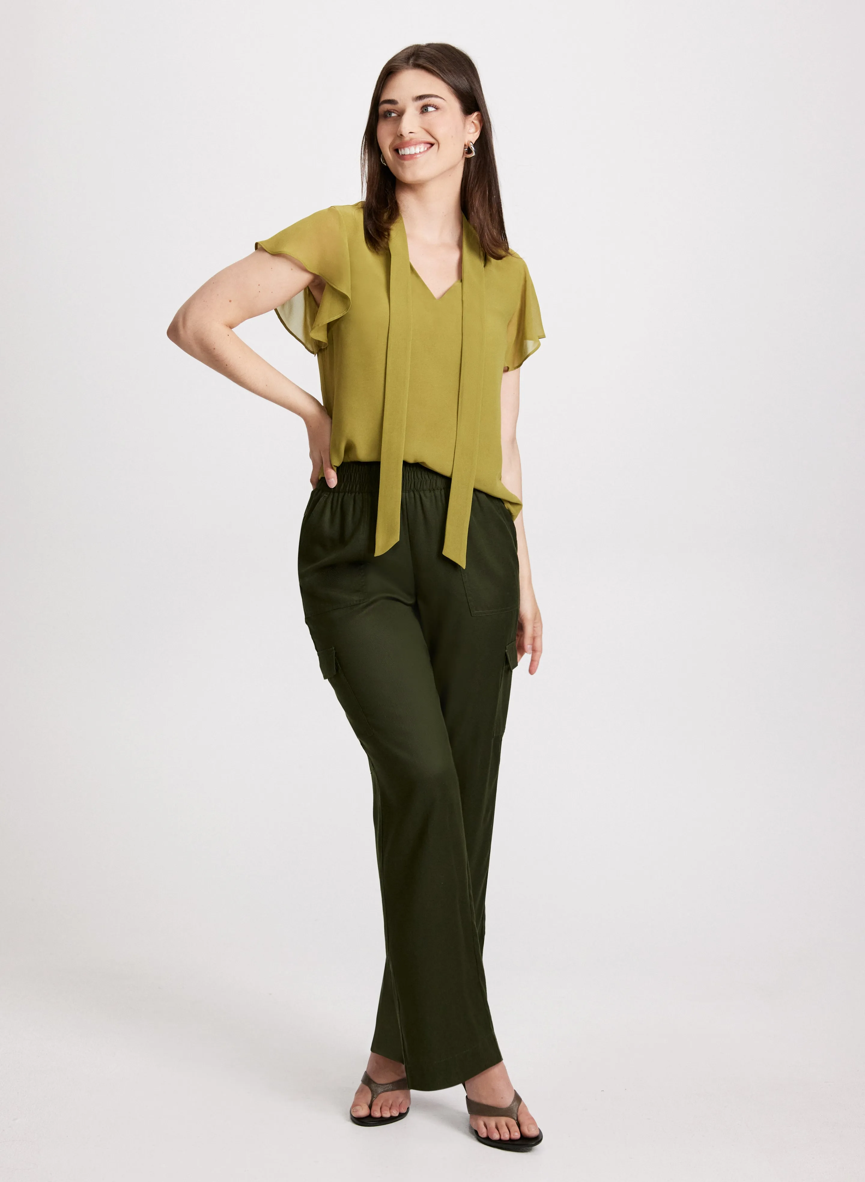Tie Detail Blouse & Straight Leg Cargo Pants sold by Laura