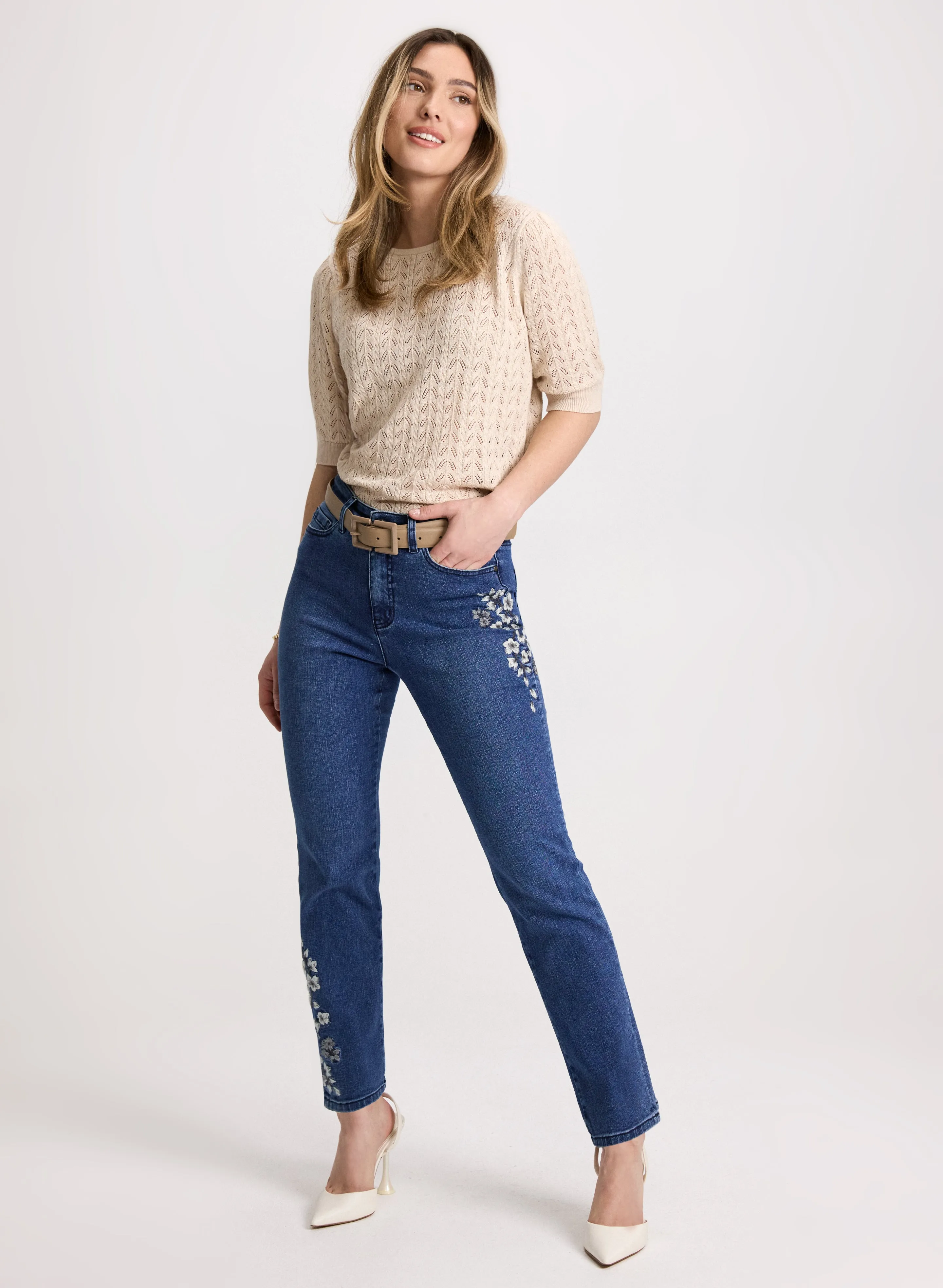 Crew Neck Knit Pullover & Embroidered Straight Leg Jeans sold by Laura