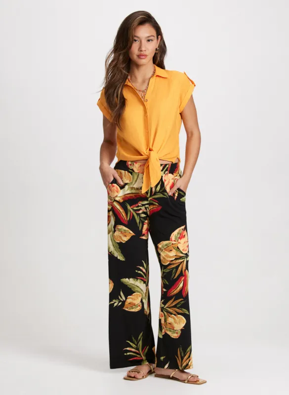 Linen Blend Knotted Blouse & Tropical Wide Leg Pants sold by Laura