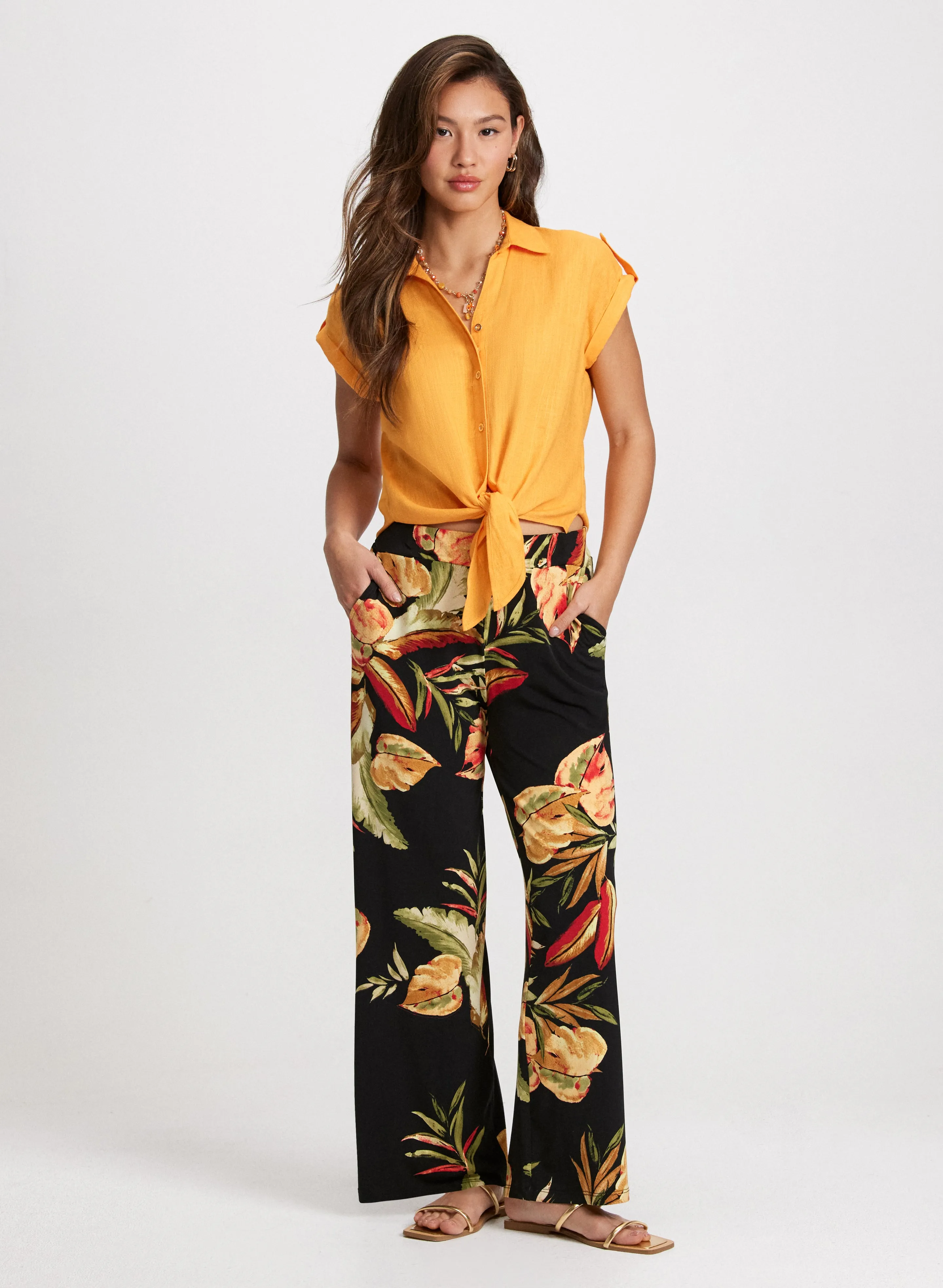 Linen Blend Knotted Blouse & Tropical Wide Leg Pants sold by Laura