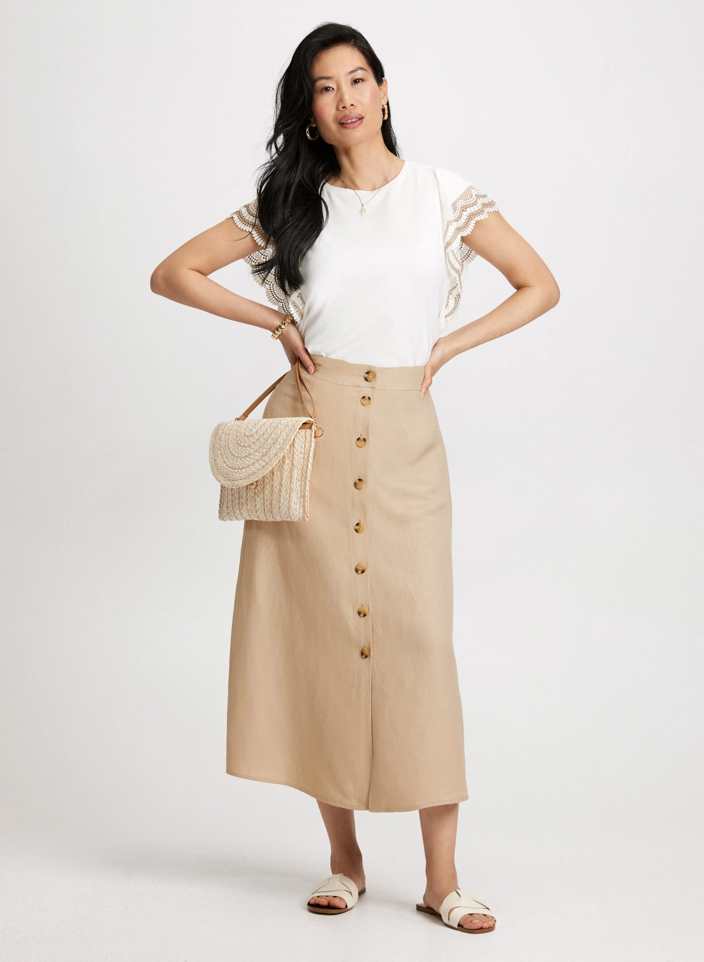 Crochet Trim T-Shirt & Button Down Skirt sold by Laura