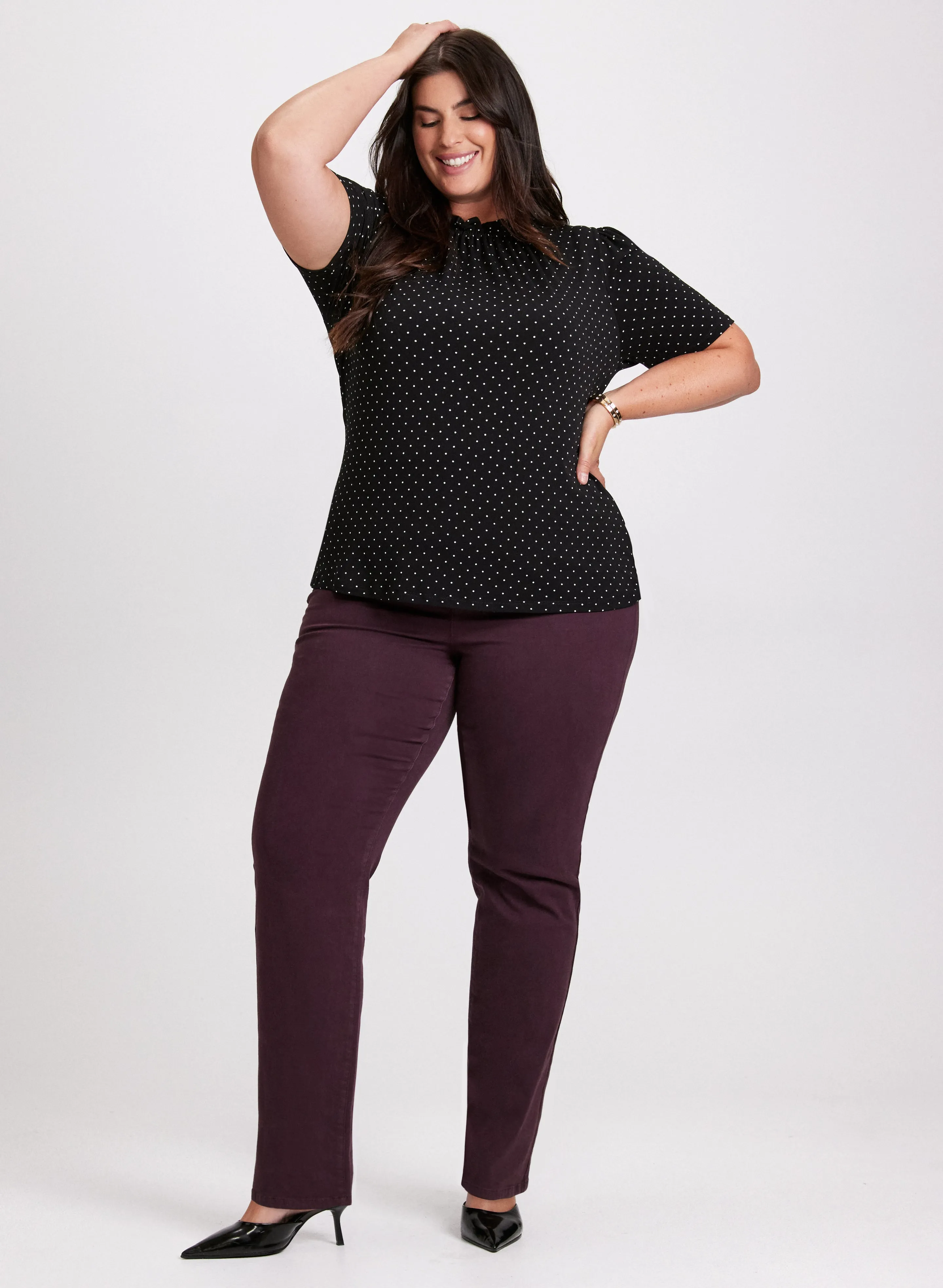 Polka Dot Mock Neck Top & Straight Leg Jeans sold by Laura
