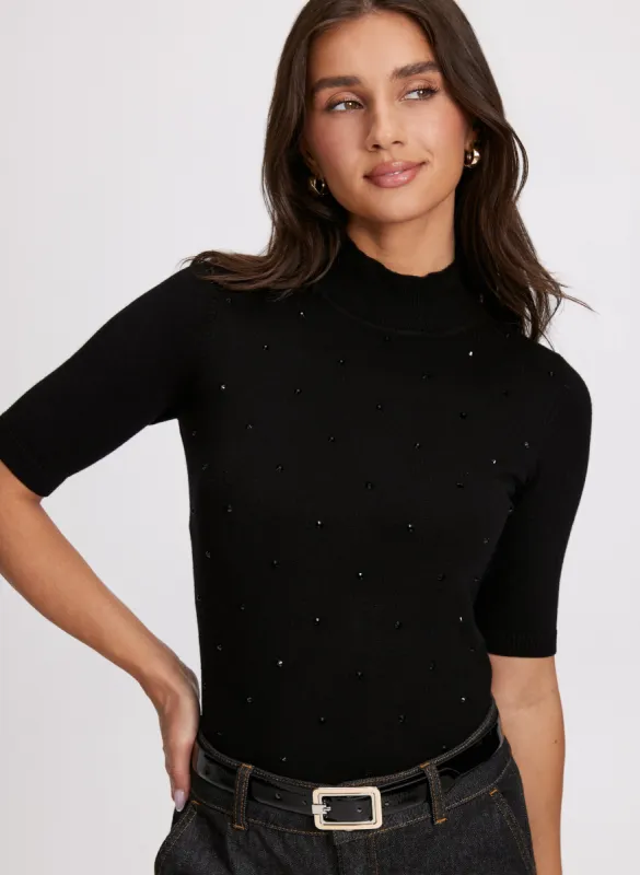 Mock Neck Rhinestone Detail Sweater sold by Laura