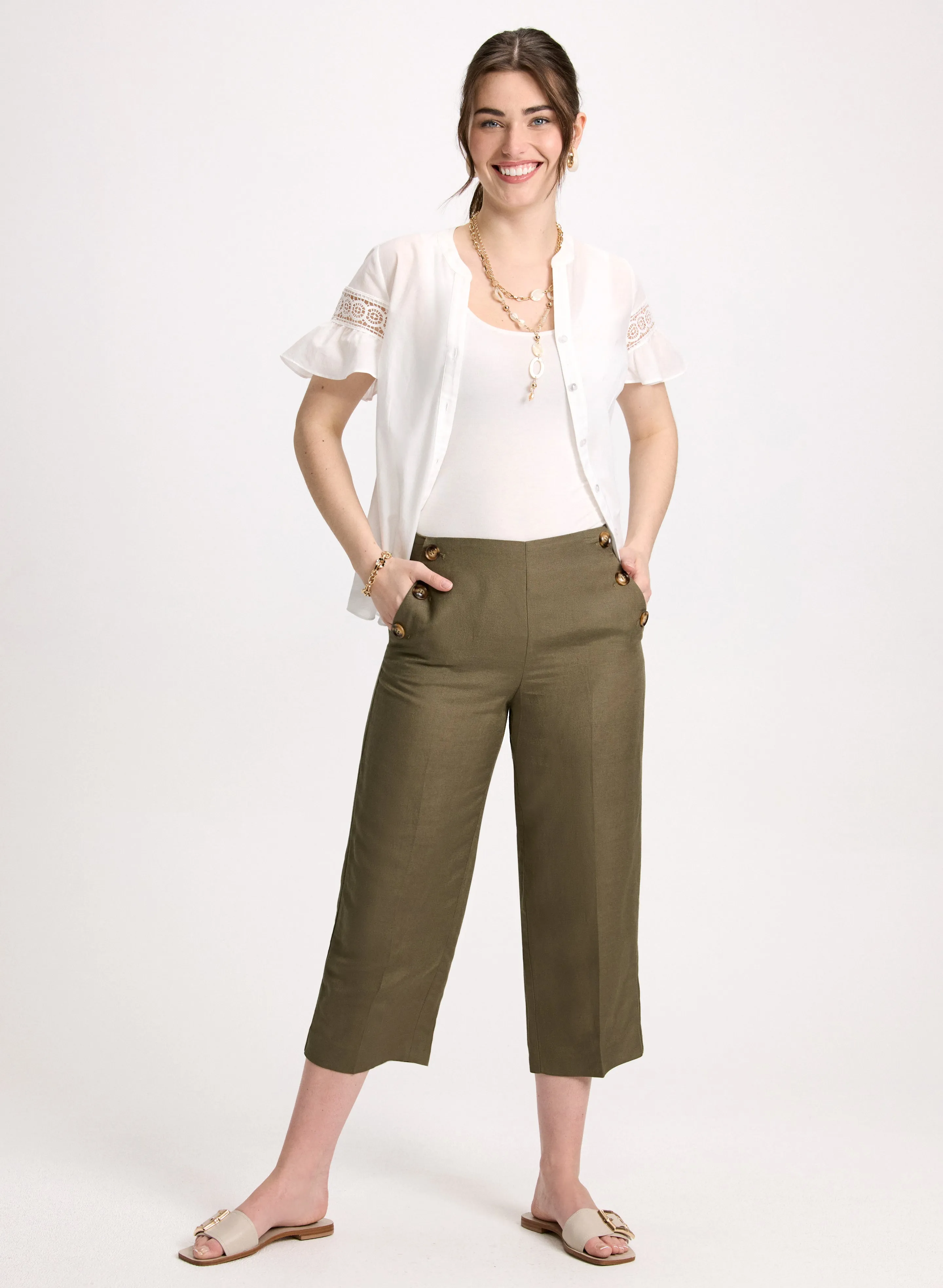 Crochet Sleeve Blouse & Linen-Blend Capris sold by Laura