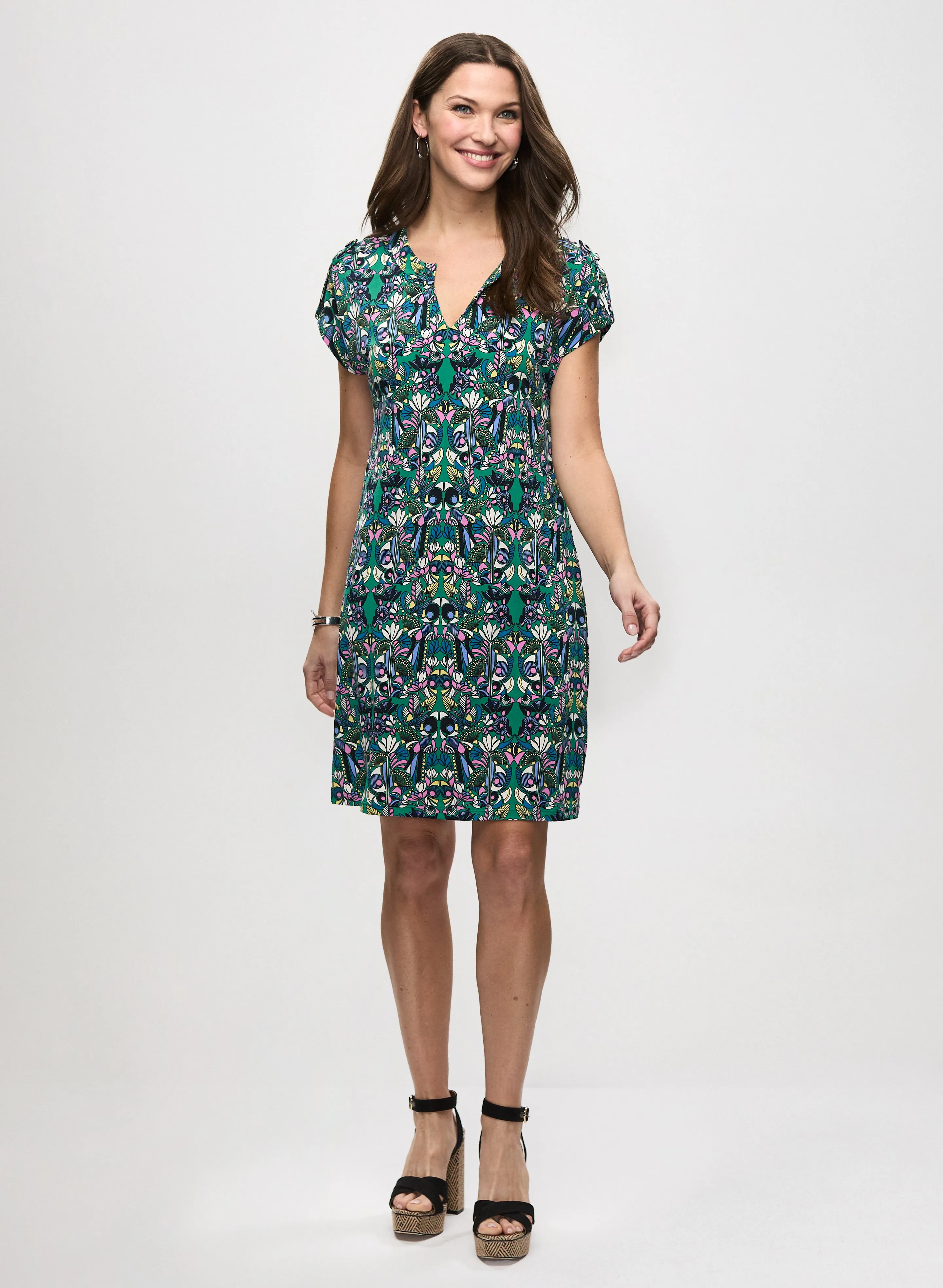 Printed Sheath Dress & Cascade Hoop Earrings sold by Laura