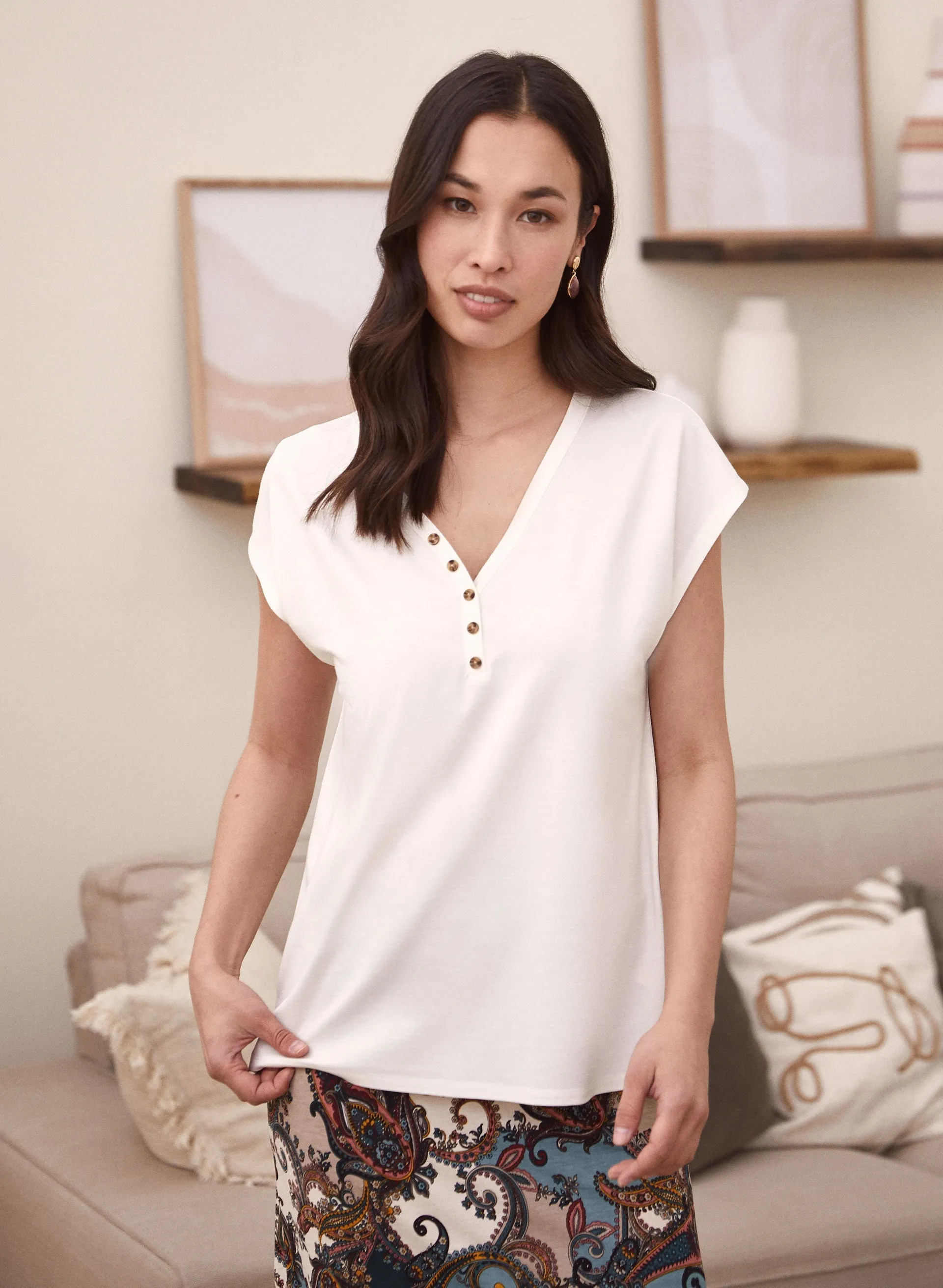 Drop Shoulder Henley Tee sold by Laura
