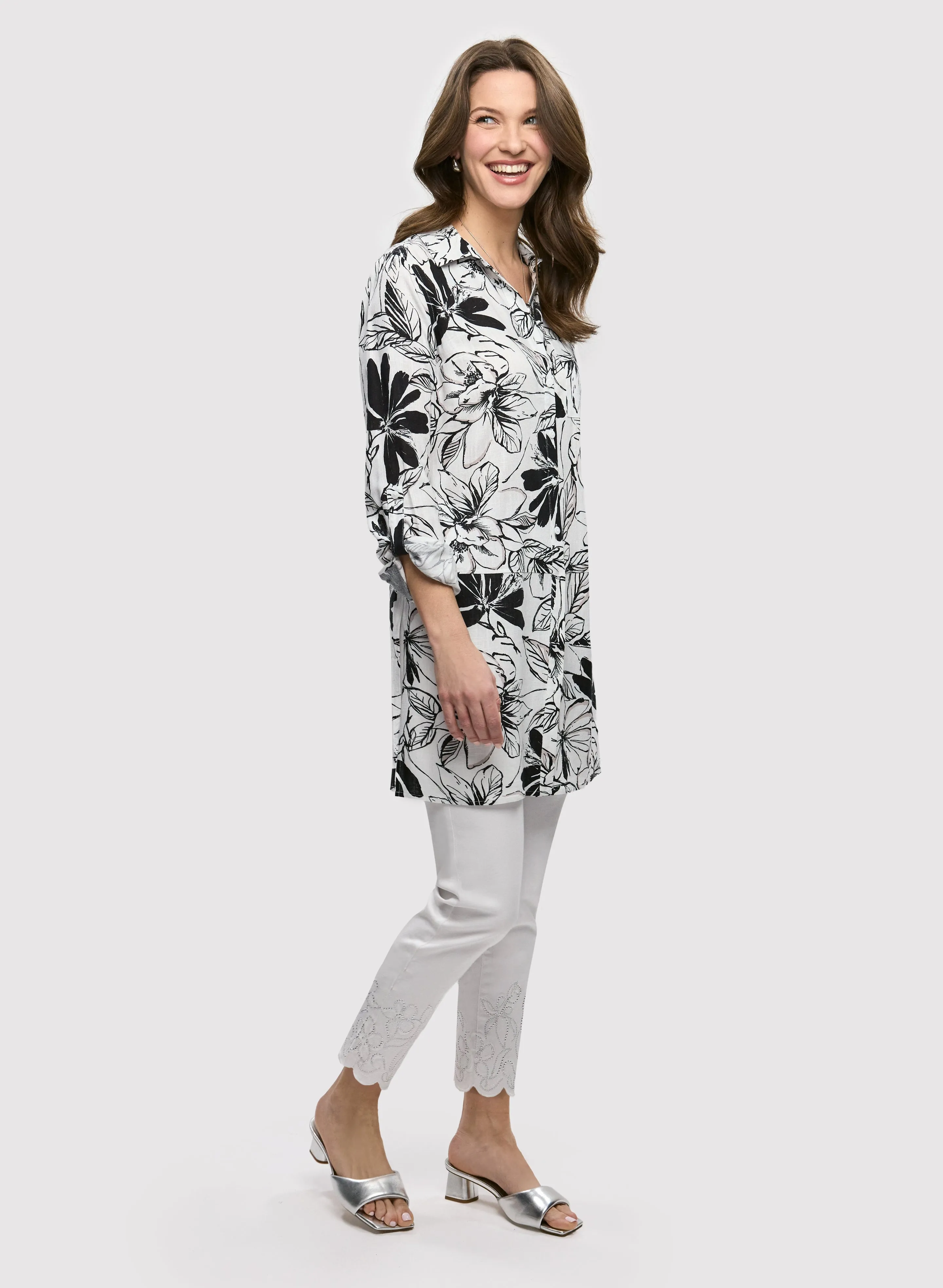 Floral Linen-Blend Tunic Blouse & Embroidered Hem Pull-On Pants sold by Laura