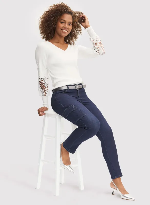 Lace Detail Sweater & Cargo Jeans sold by Laura
