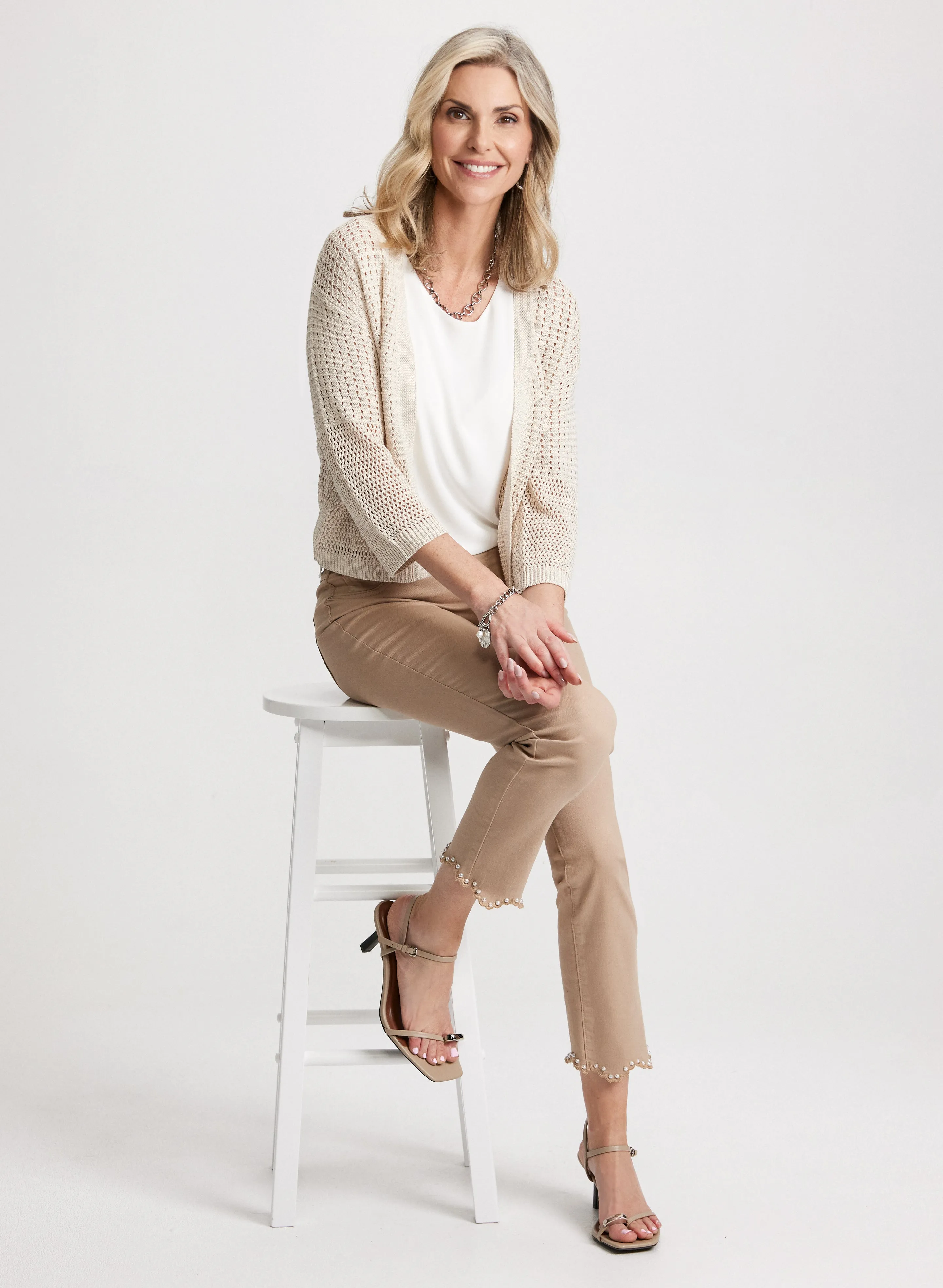 Open-Knit Cardigan & Scalloped Hem Denim Pants sold by Laura