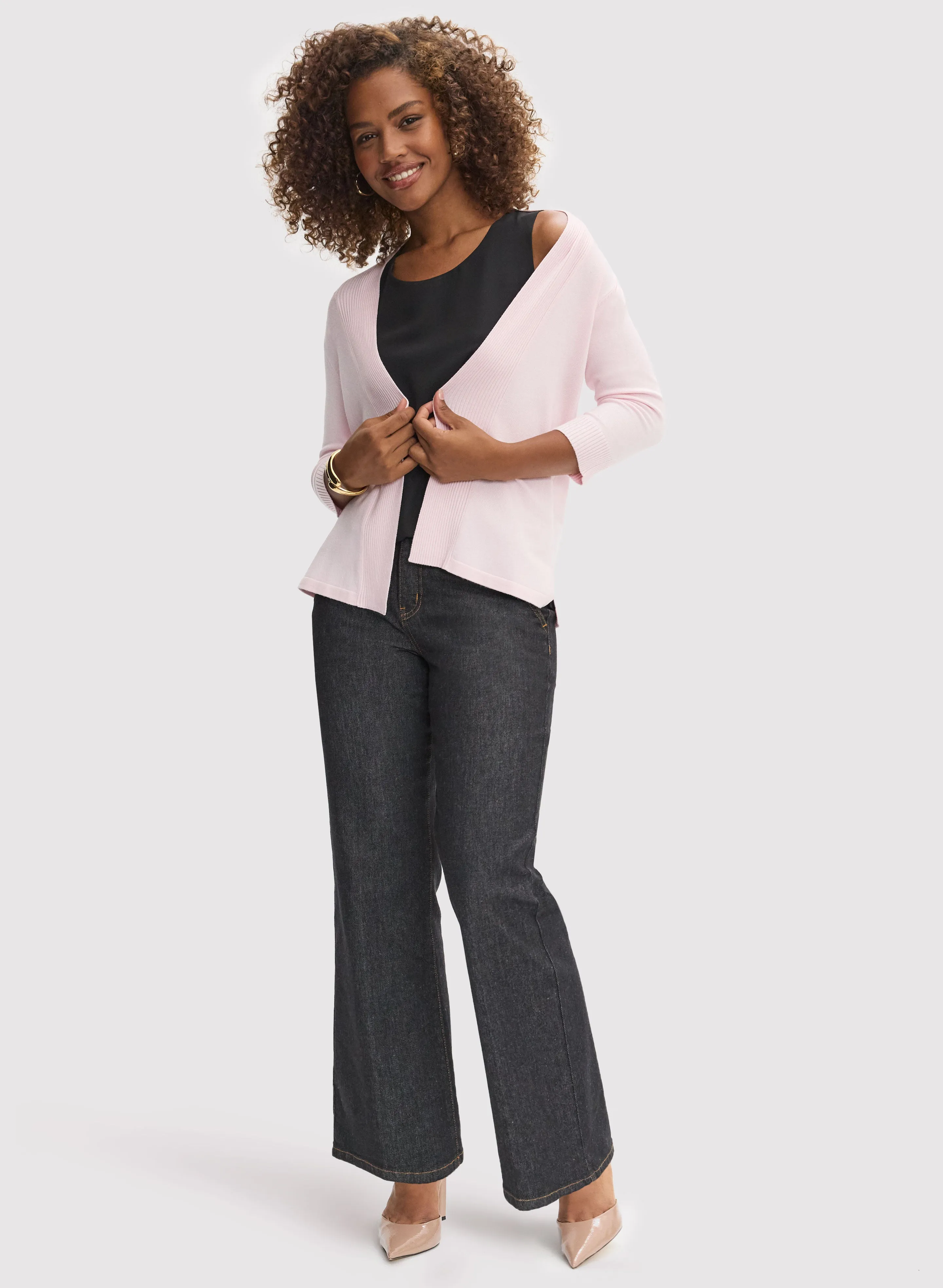 Pointelle Stitch Cardigan & Flare Leg Jeans sold by Laura