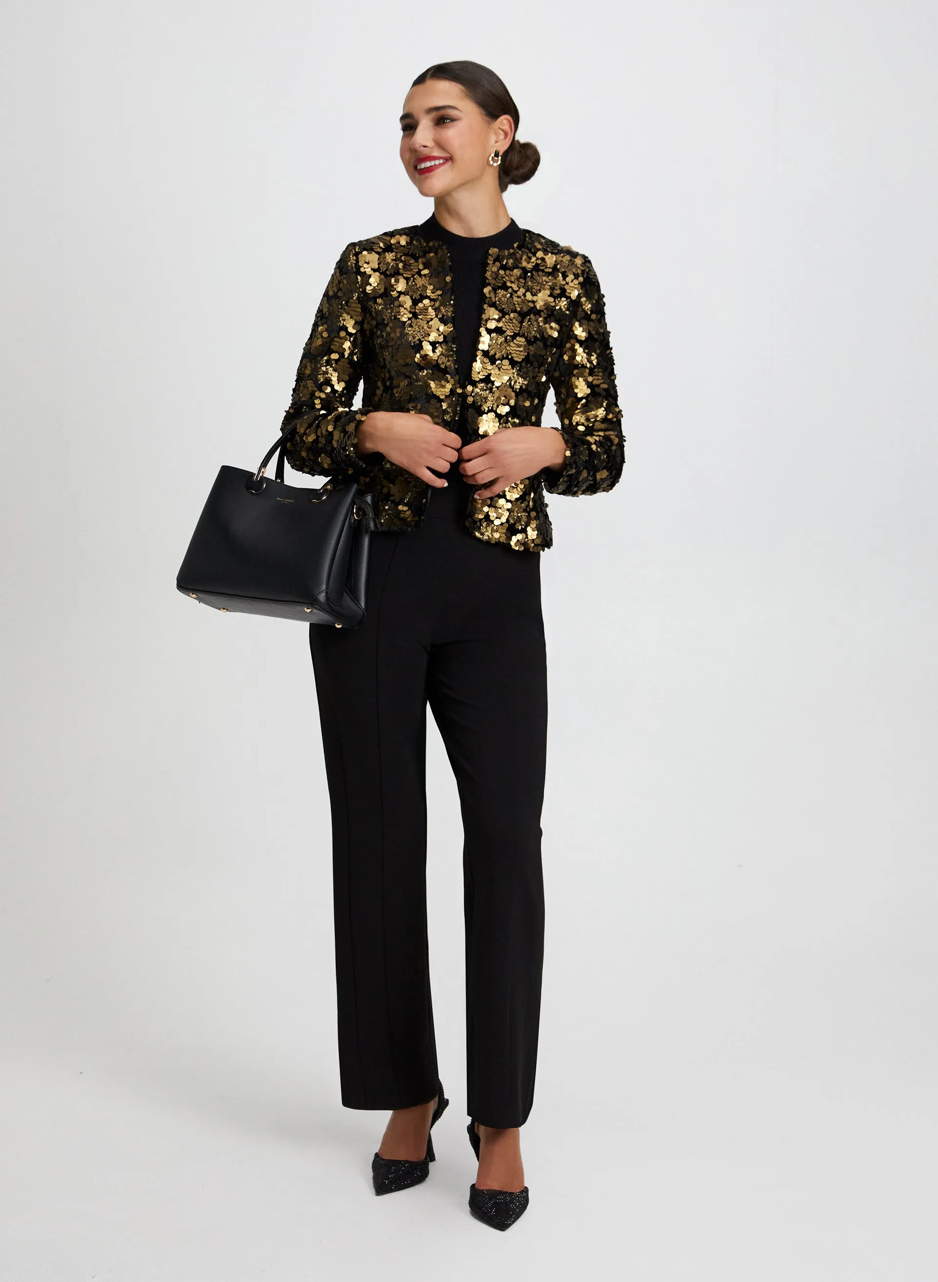 Sequin Jacket, Sleeveless Sweater & Side Zip Pants sold by Laura