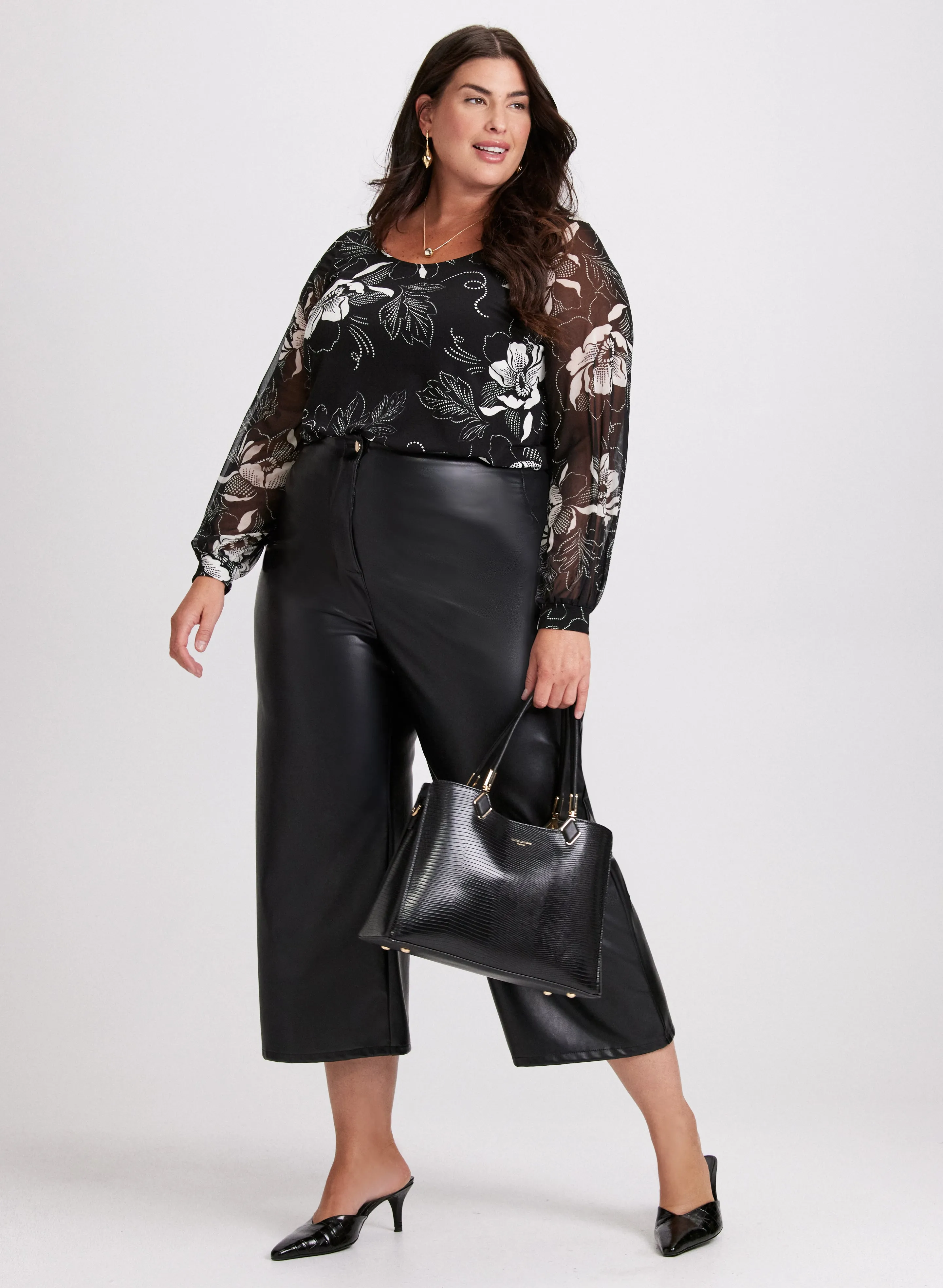 Floral Balloon Sleeve Top & Vegan Leather Wide-Leg Pants sold by Laura