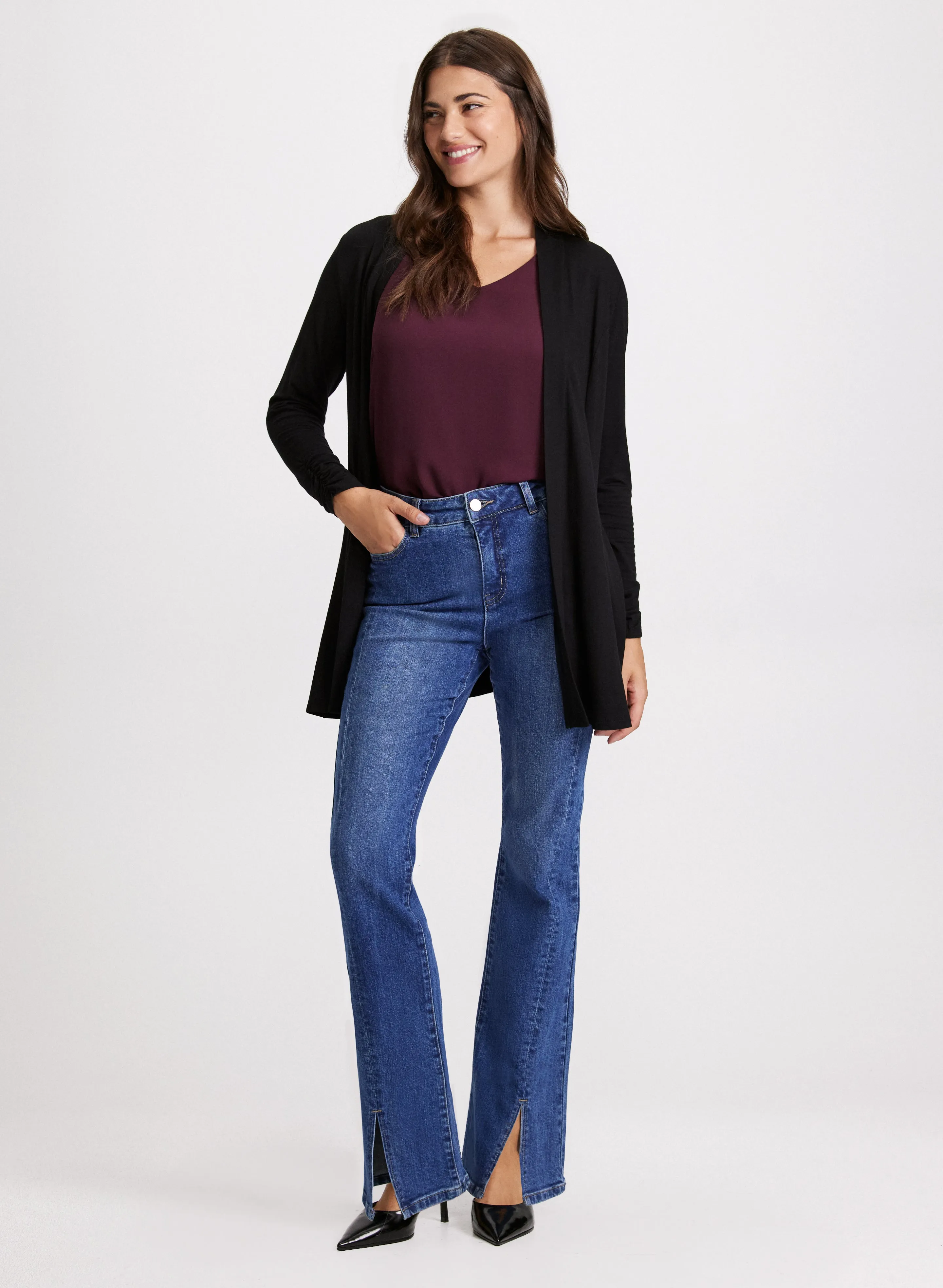 Open Front Top & Flared Slit Jeans sold by Laura