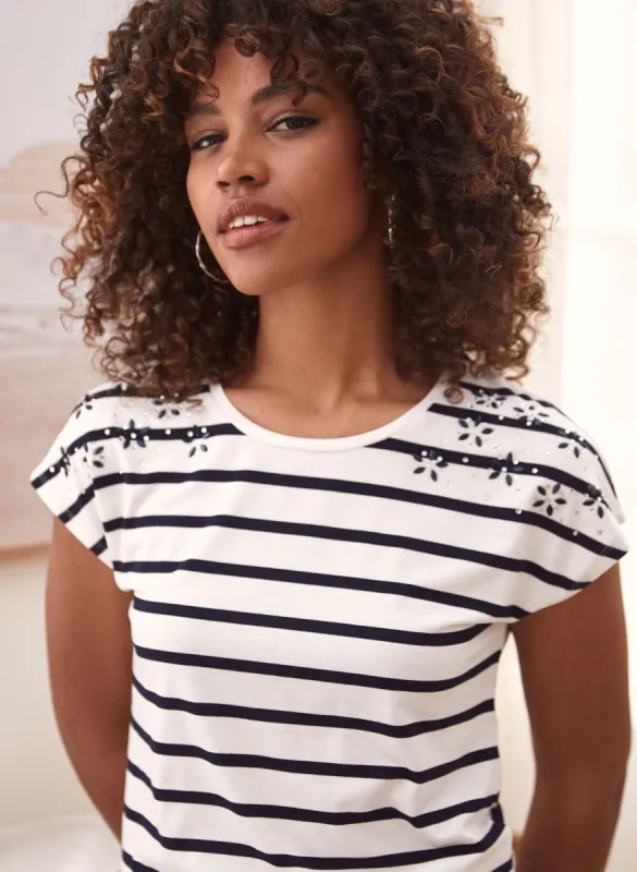 Striped Rhinestone Detail Tee sold by Laura