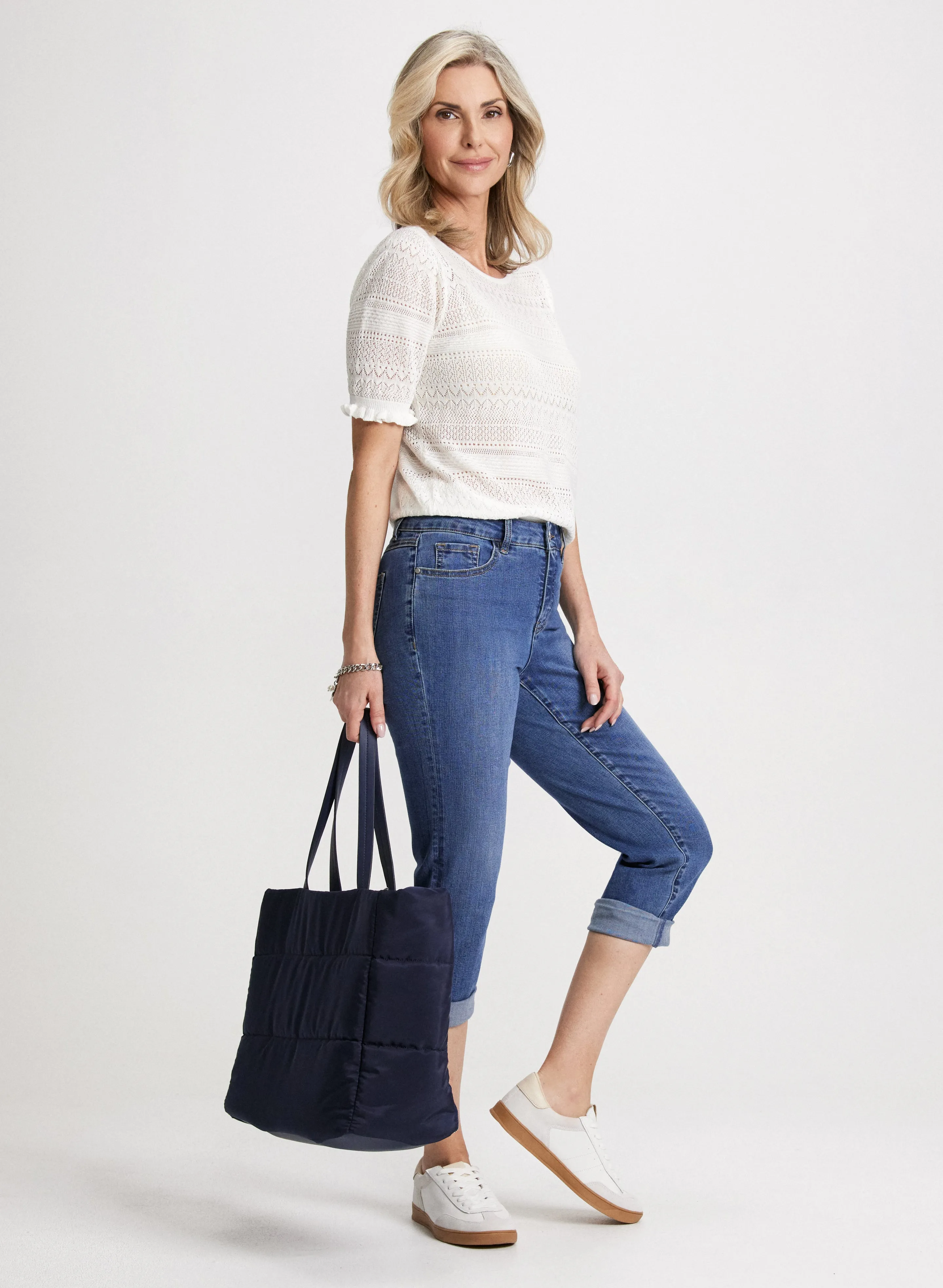 Pointelle Knit Top & Rolled-Cuff Denim Capris sold by Laura