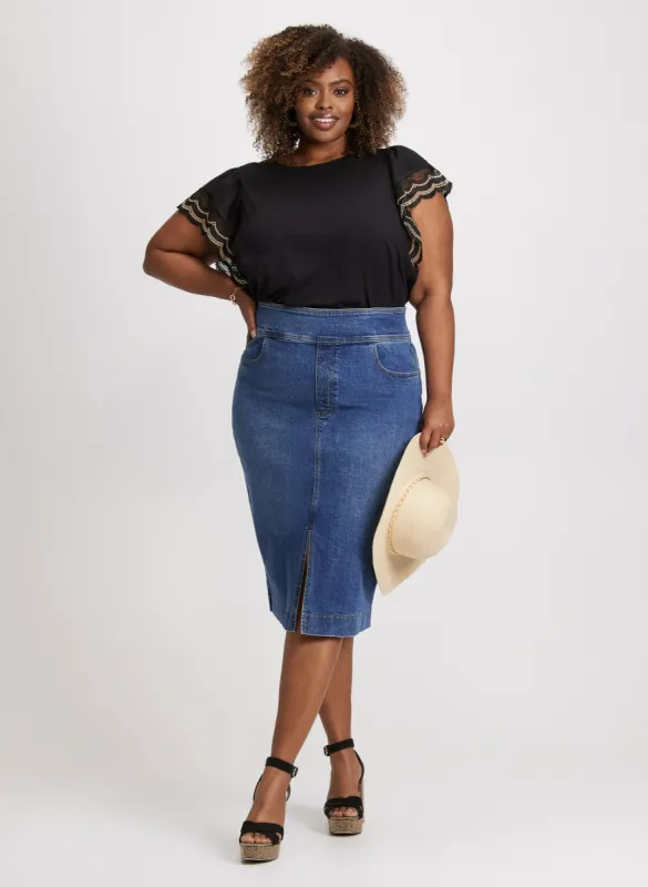 Denim Pencil Skirt & Crochet Trim Cap Sleeve T-Shirt sold by Laura