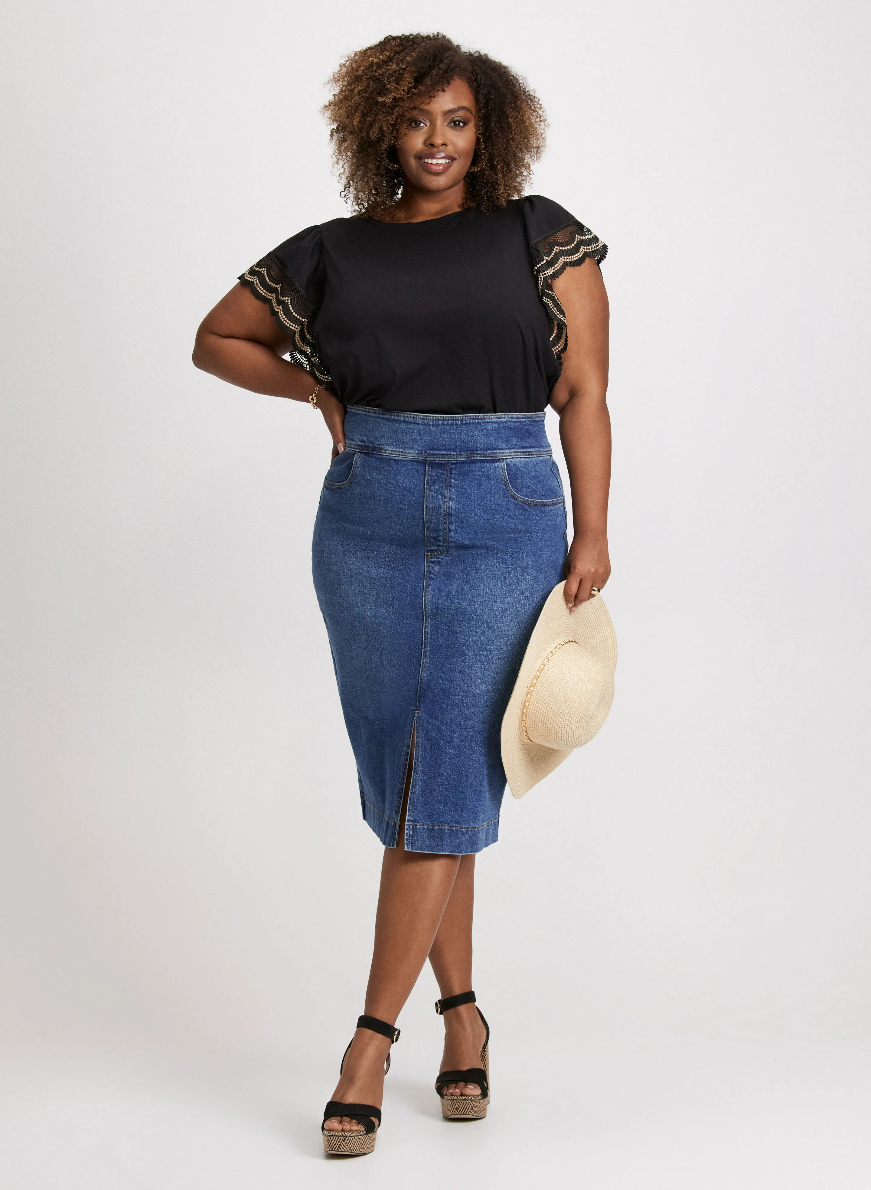 Denim Pencil Skirt & Crochet Trim Cap Sleeve T-Shirt sold by Laura