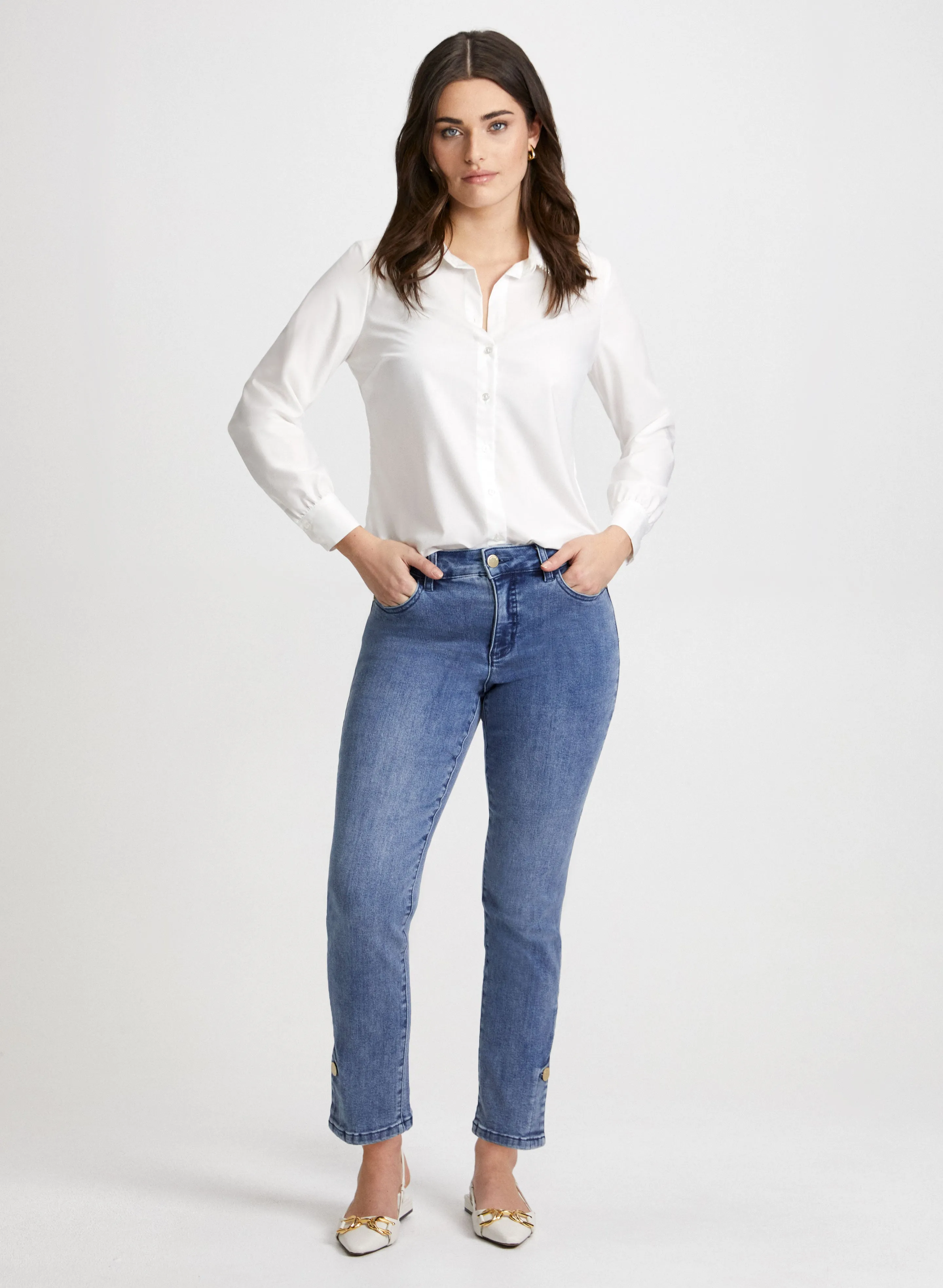 Pearl Detail Shirt & Button Hem Jeans sold by Laura