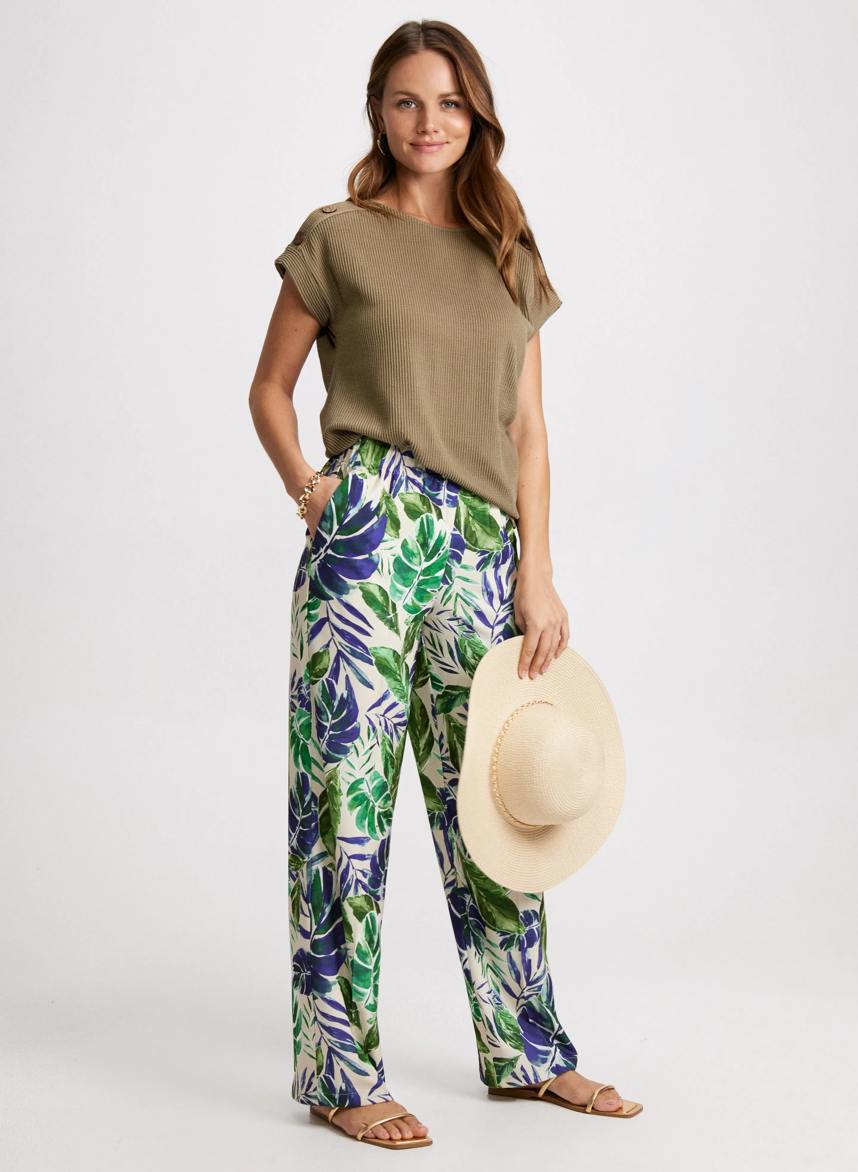 Ribbed Knit T-Shirt & Palm Print Pants sold by Laura