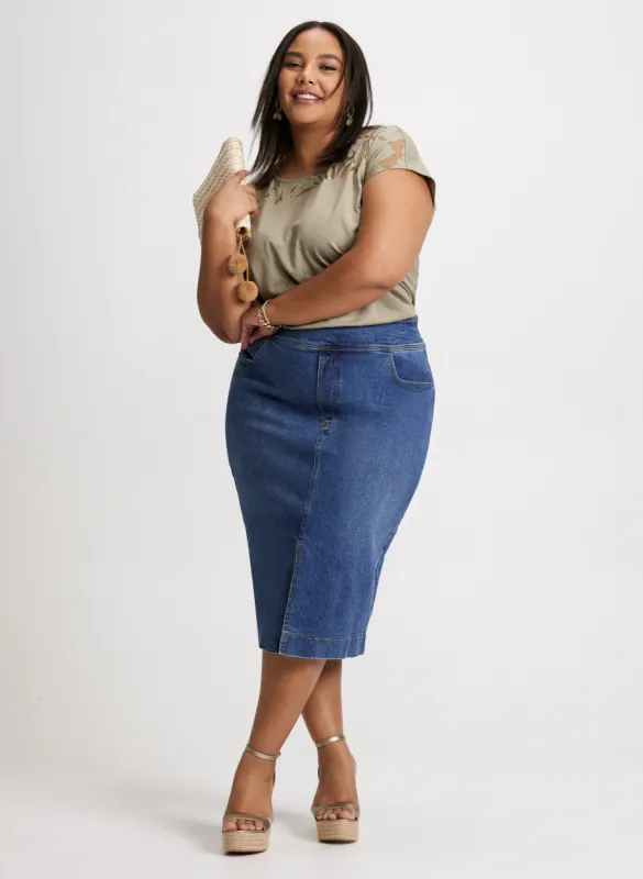 Floral Lace Detail Burnout Tee & Denim Pencil Skirt sold by Laura