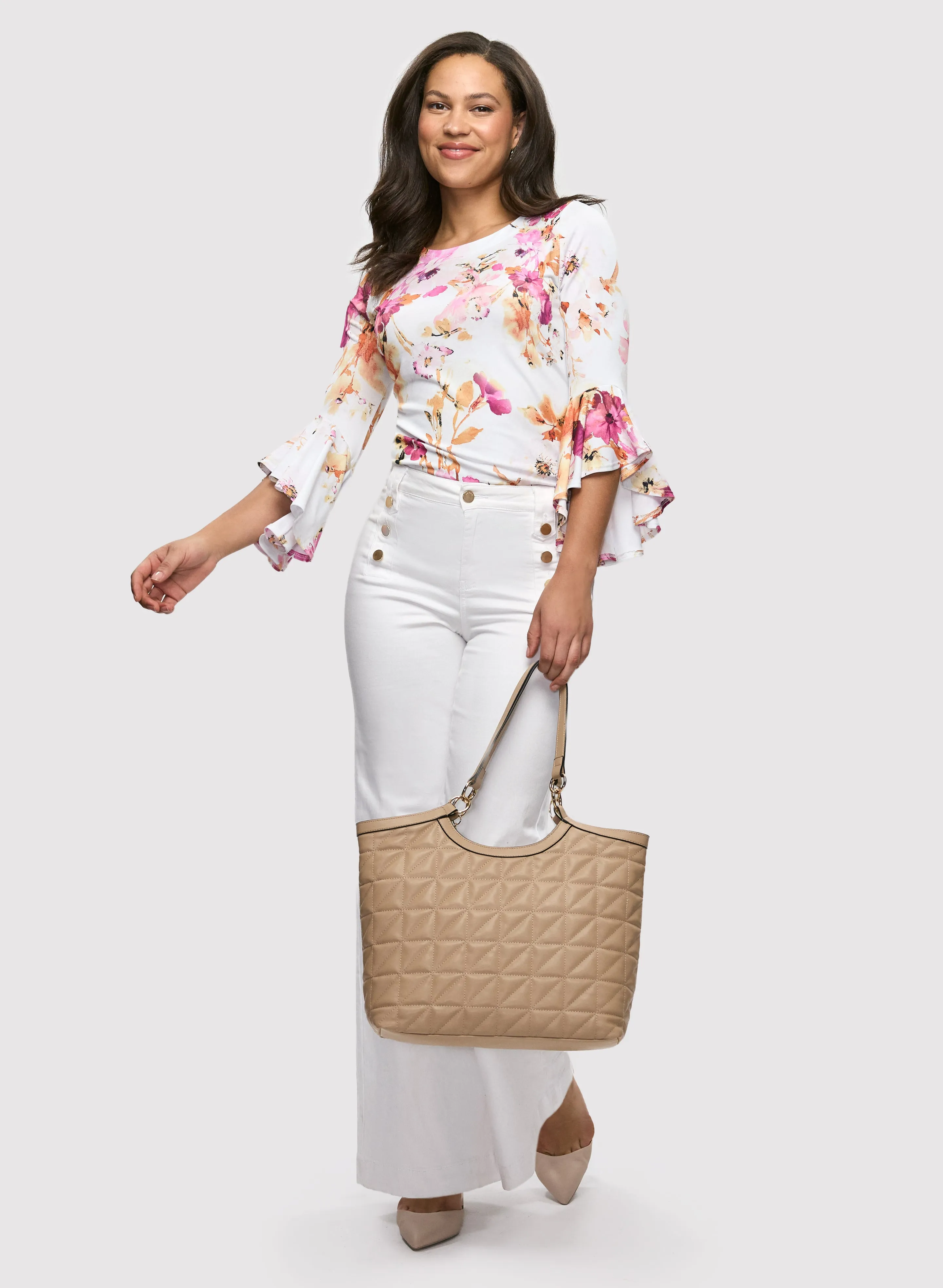 Floral Bell Sleeve Top & Button Detail Wide Leg Jeans sold by Laura