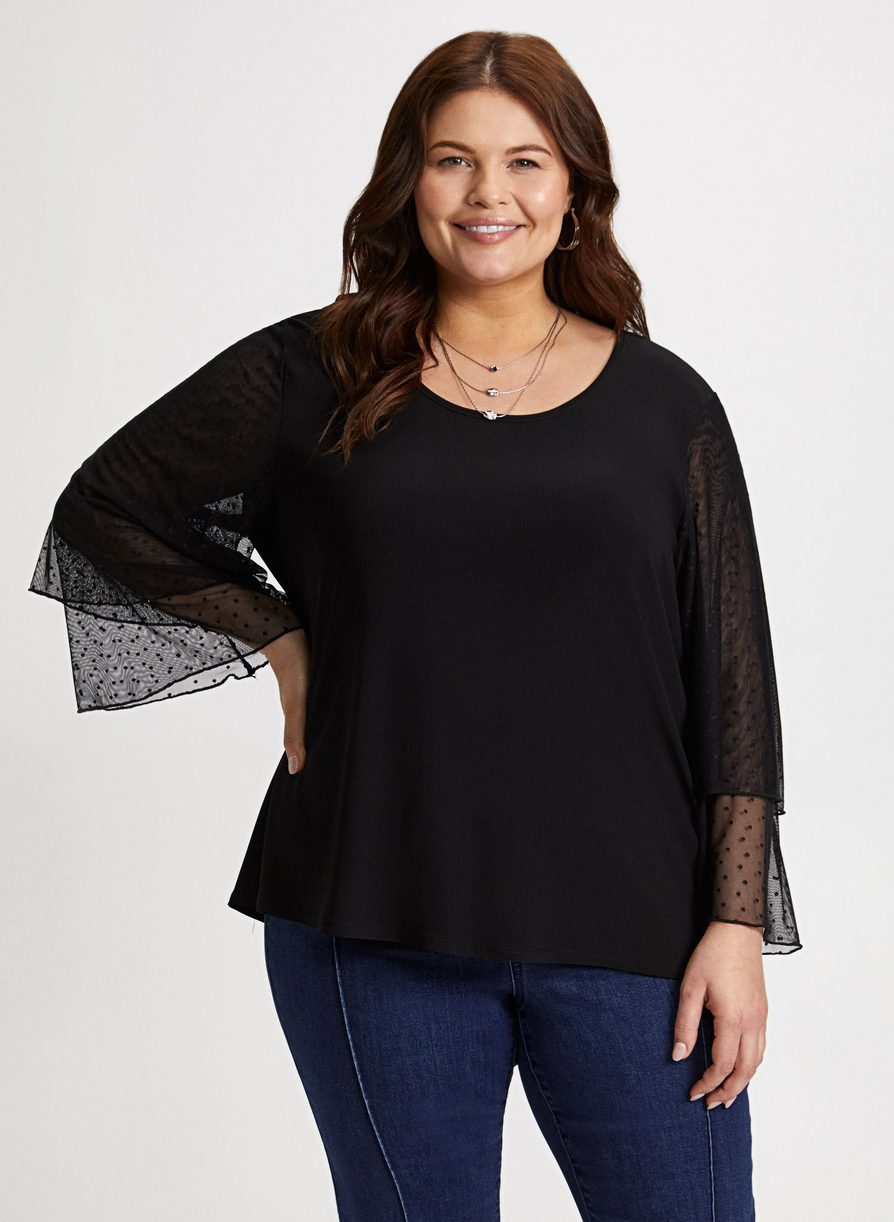 Chiffon-Sleeve Crew Neck Top sold by Laura