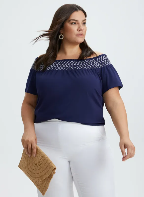 Embroidered Off-the-Shoulder Tee sold by Laura