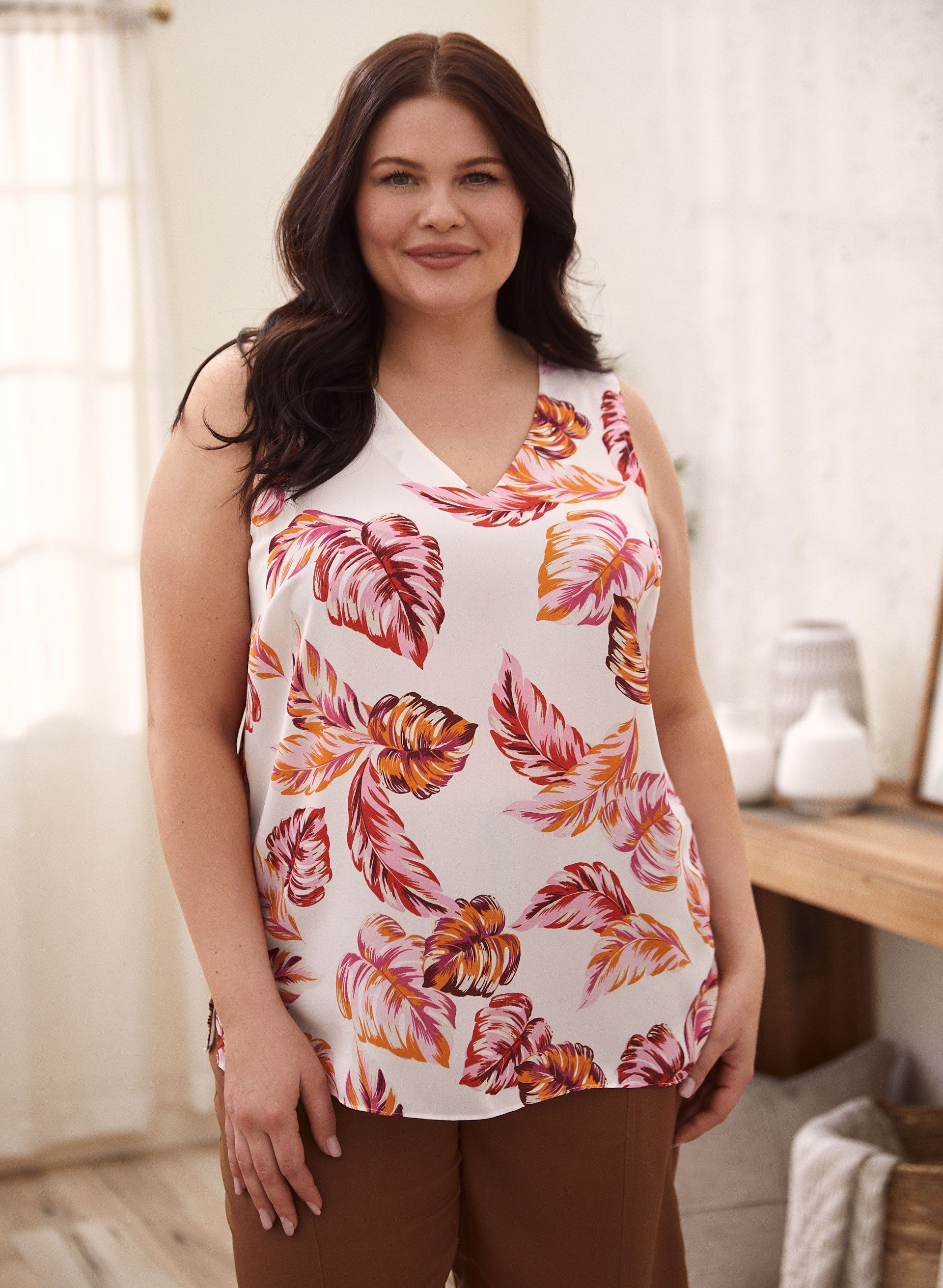 Palm Leaf Print Sleeveless Blouse sold by Laura