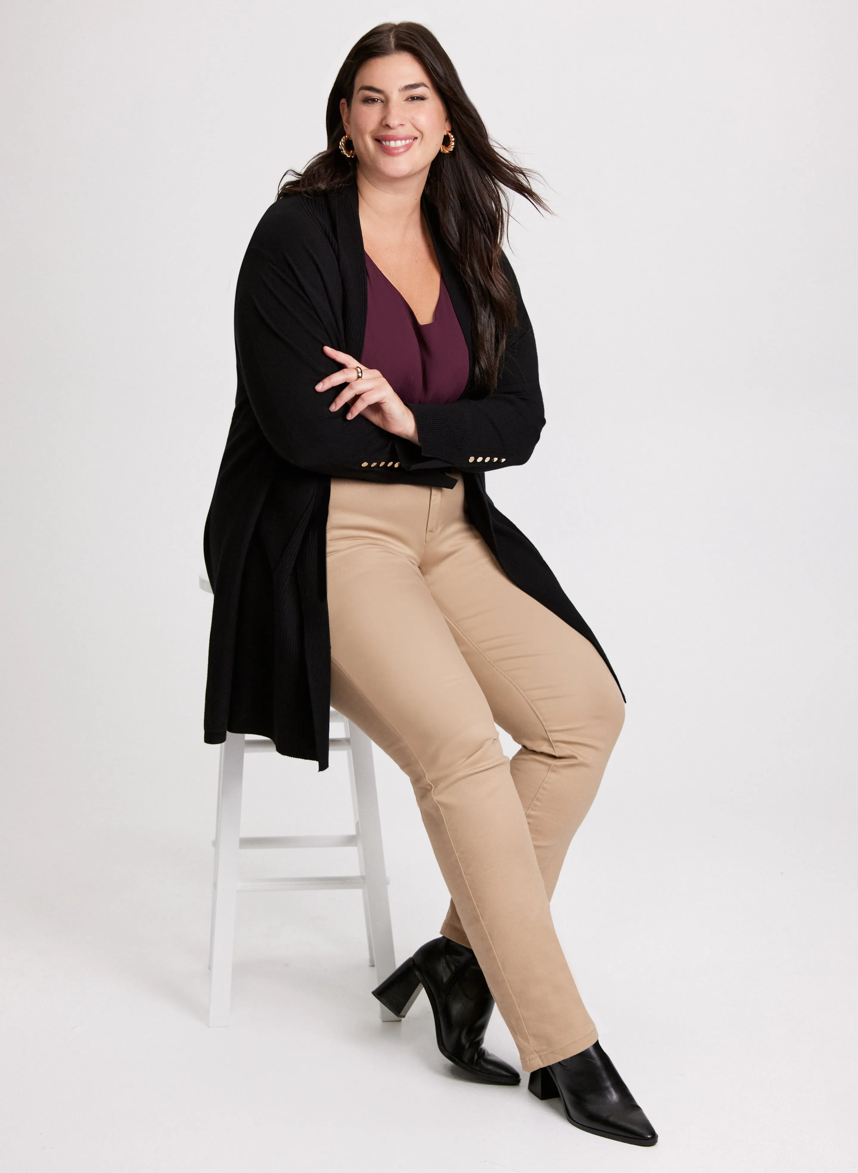 Open-Front Cardigan & Coated Jeans sold by Laura