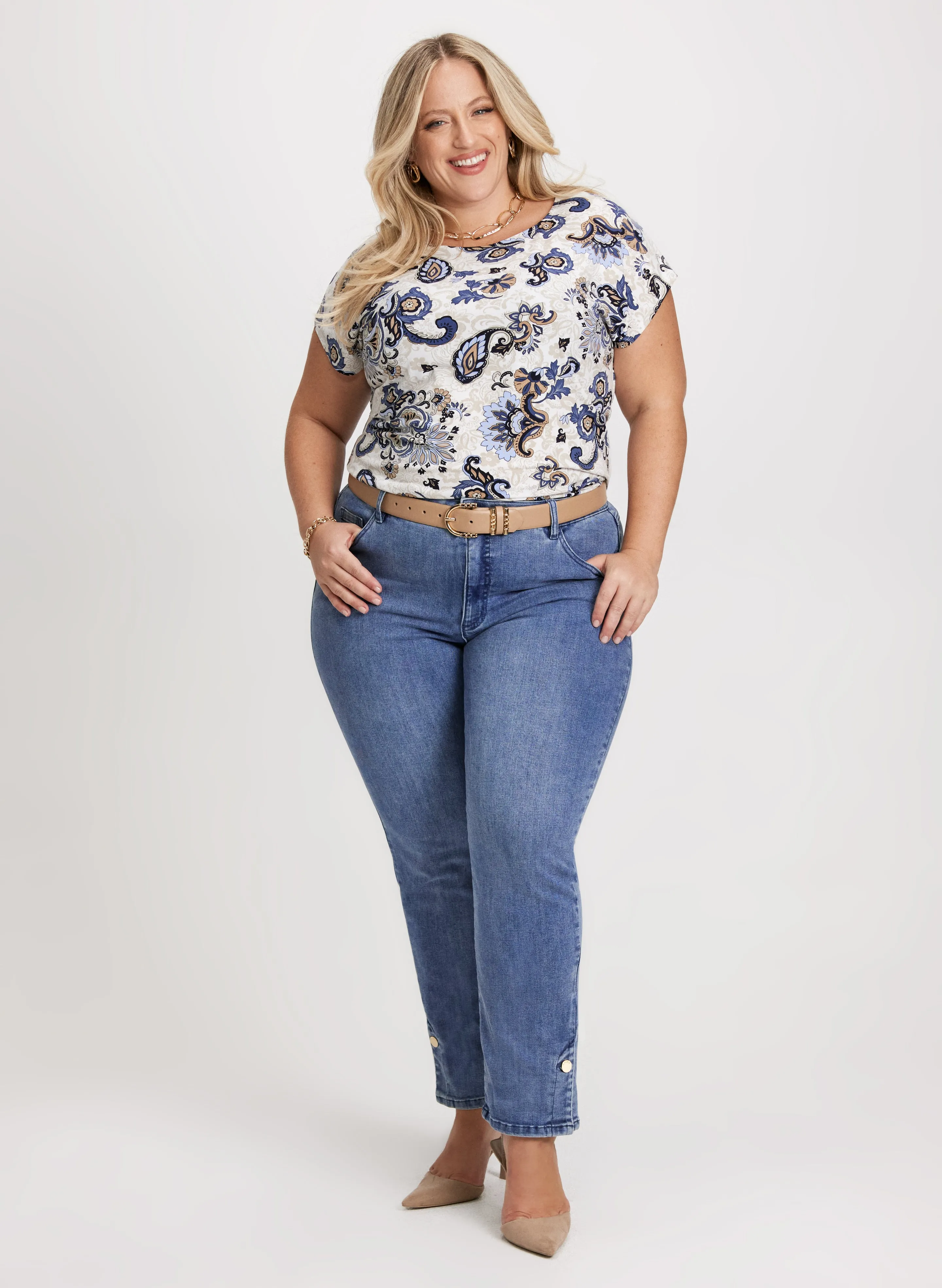 Drop Shoulder Paisley Print Top & Slit Hem Straight Leg Jeans sold by Laura