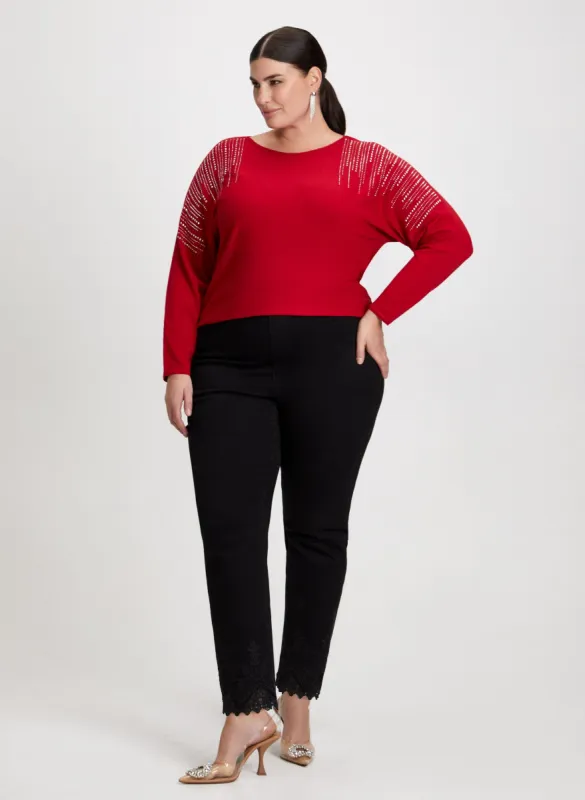 Rhinestone Motif Sweater & Lace Hem Pants sold by Laura