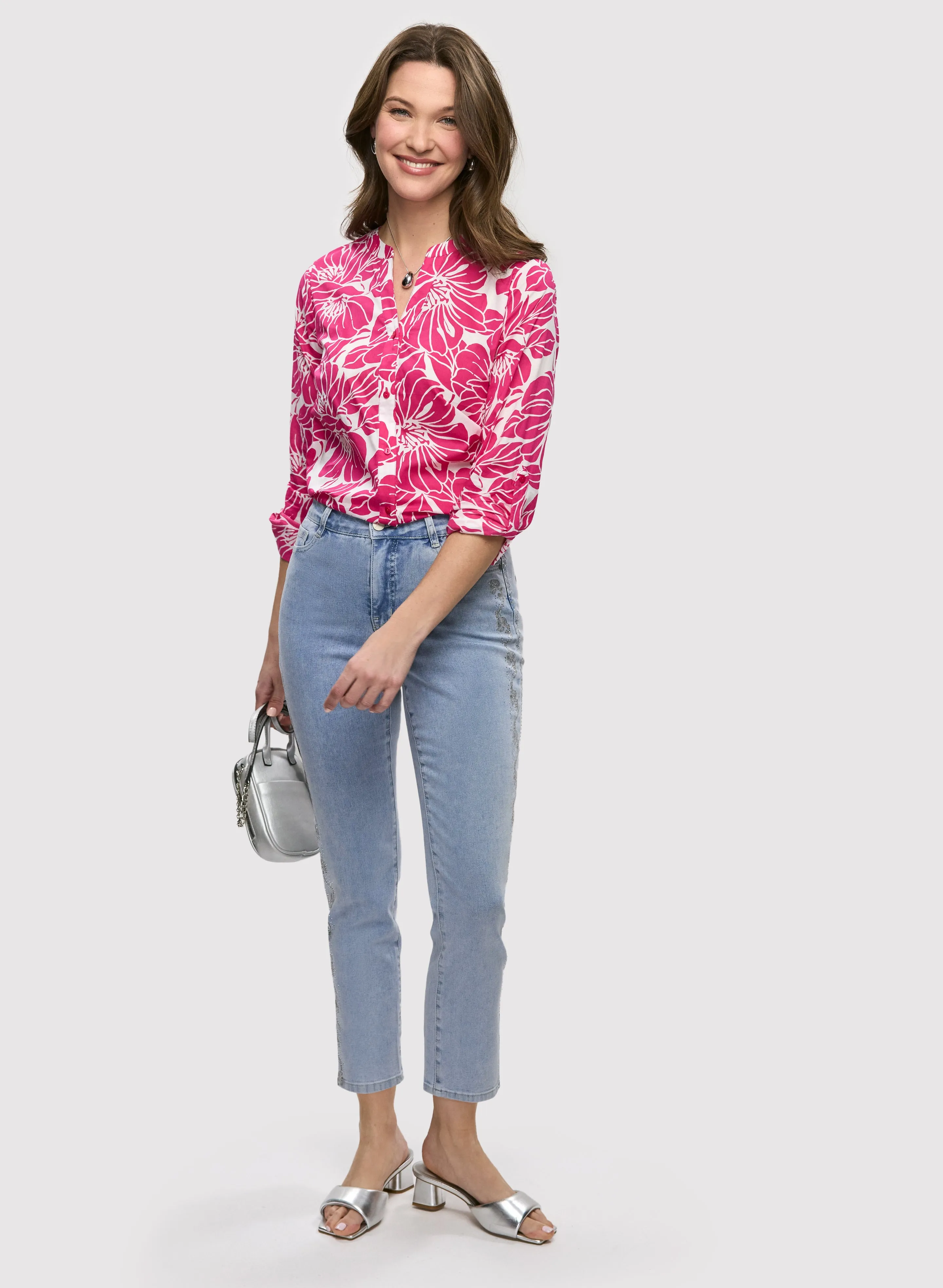 Tie-Front Floral Blouse & Embellished Denim Capris sold by Laura