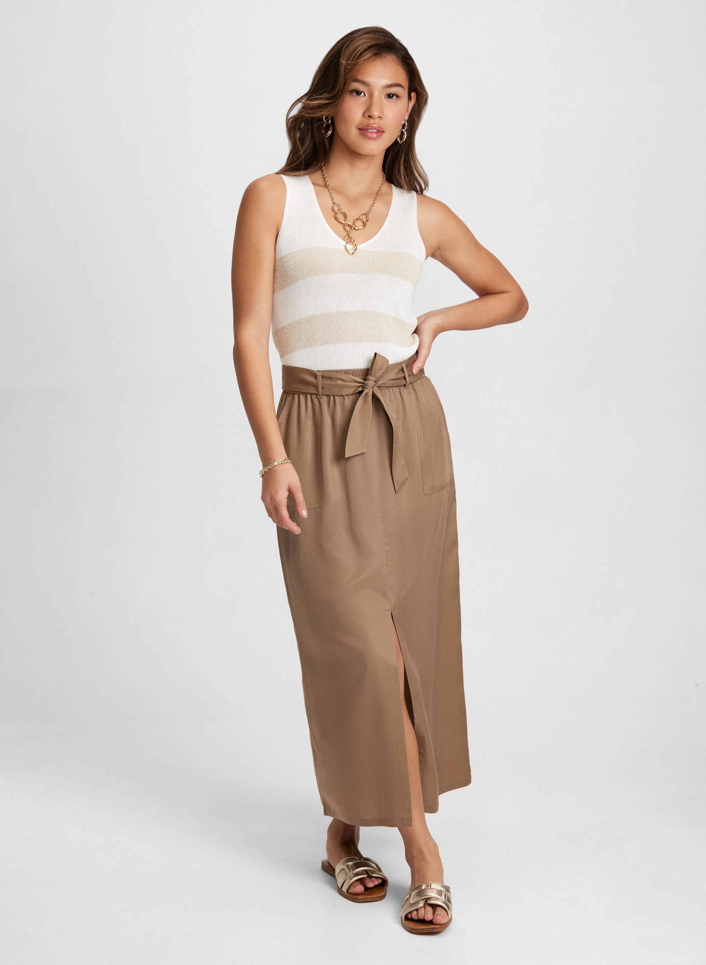 Sleeveless Striped Knit Top & Front Slit Midi Skirt sold by Laura