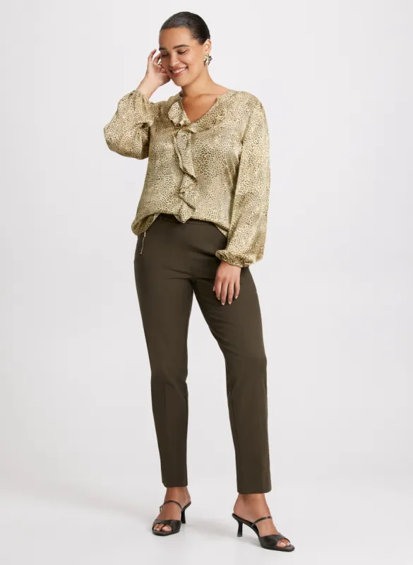 Satin Animal Print Blouse & Decorative Zipper Slim Leg Pant sold by Laura