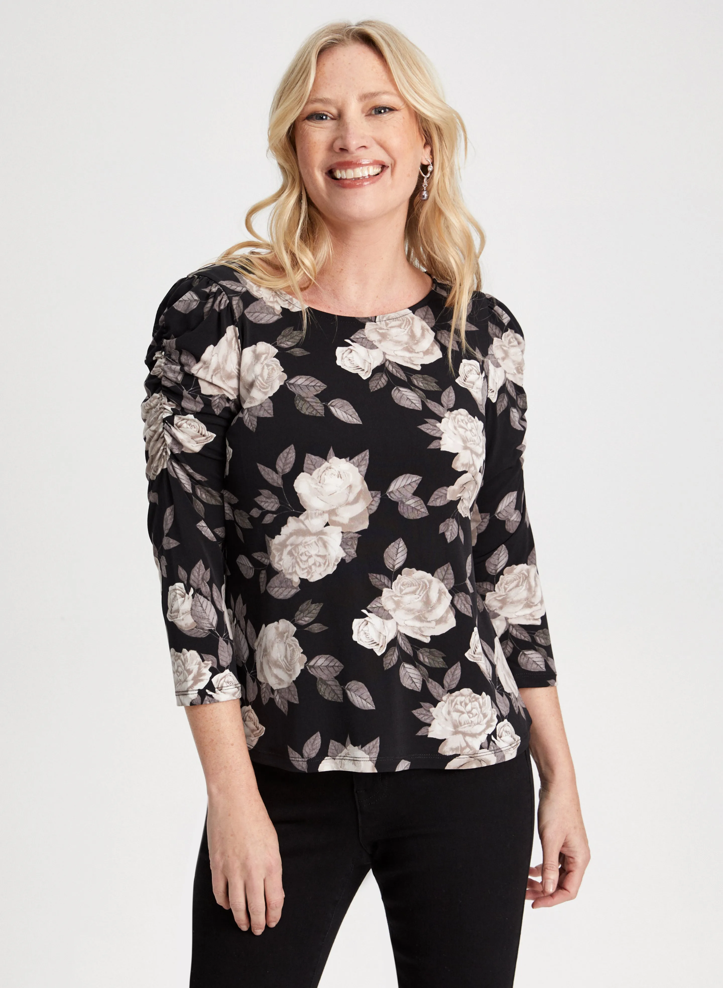 3/4 Sleeve Rose Print Top sold by Laura