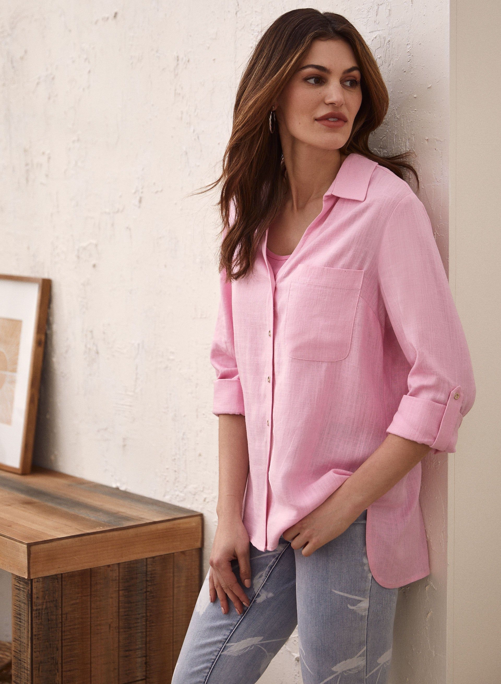 Roll-Up Sleeve Linen-Blend Blouse sold by Laura