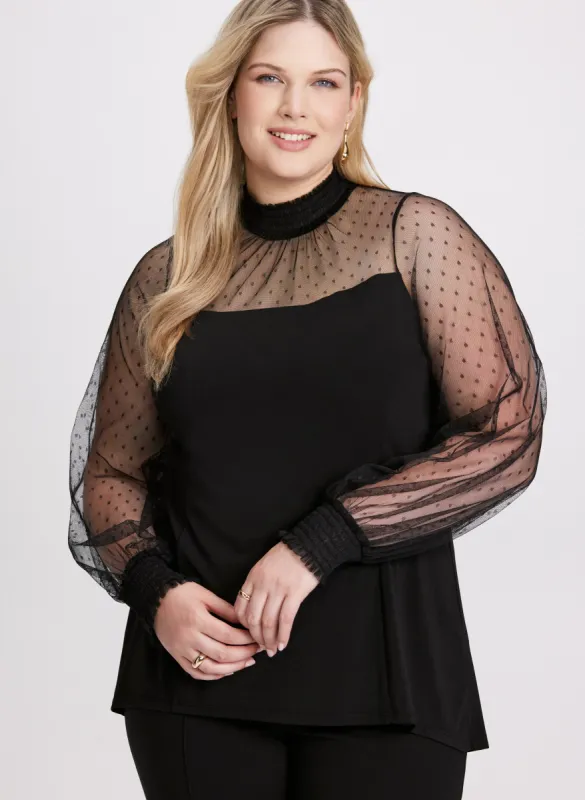Dotted Mesh Mock Neck Top sold by Laura
