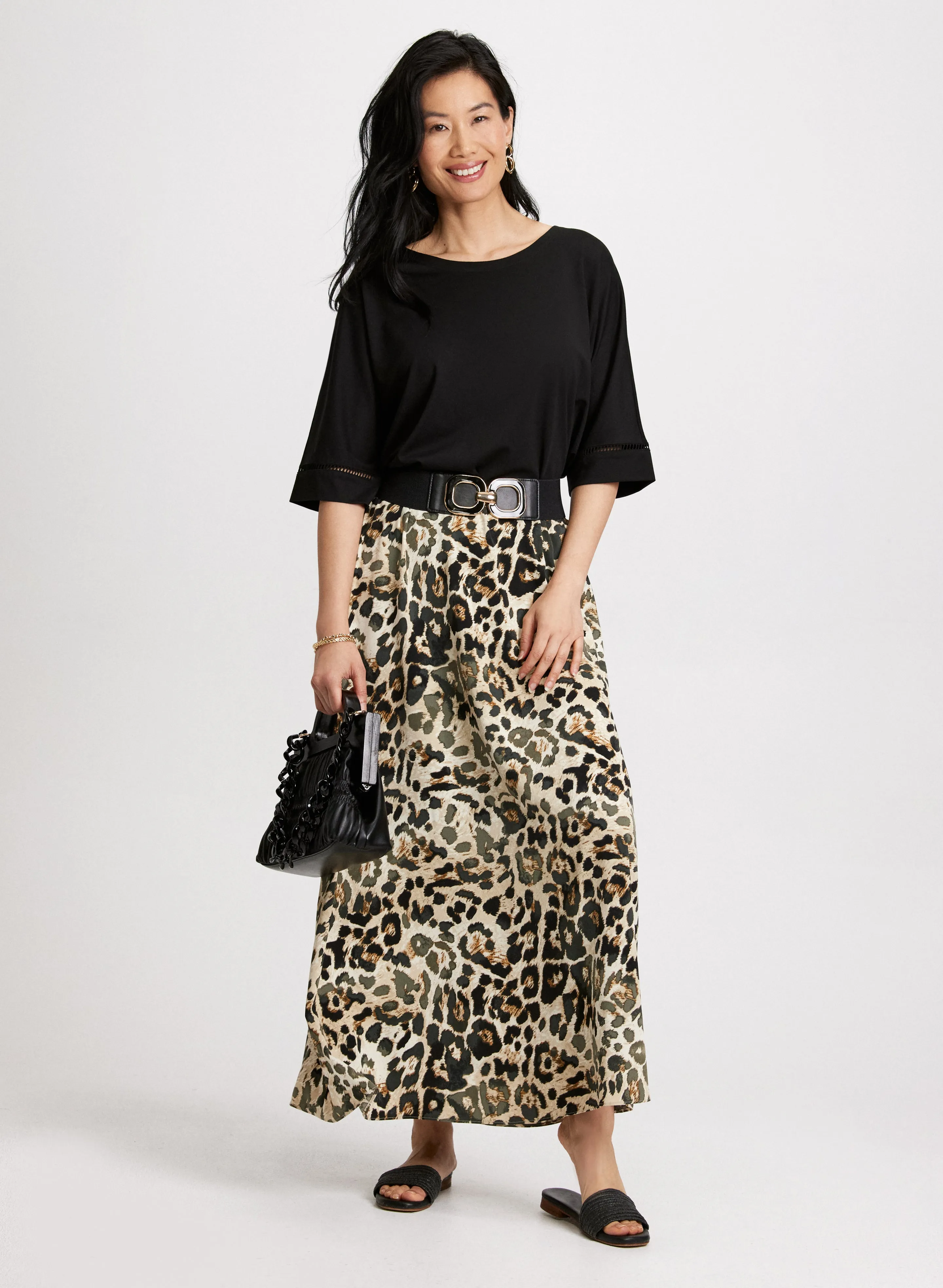3/4 Sleeve Openwork Top & Long Leopard Print Skirt sold by Laura
