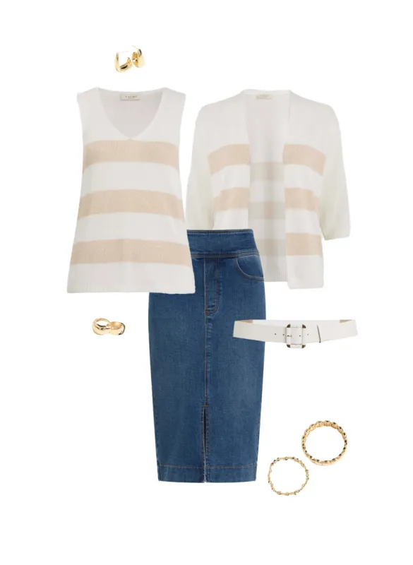 Striped Cardigan & Denim Midi Skirt sold by Laura