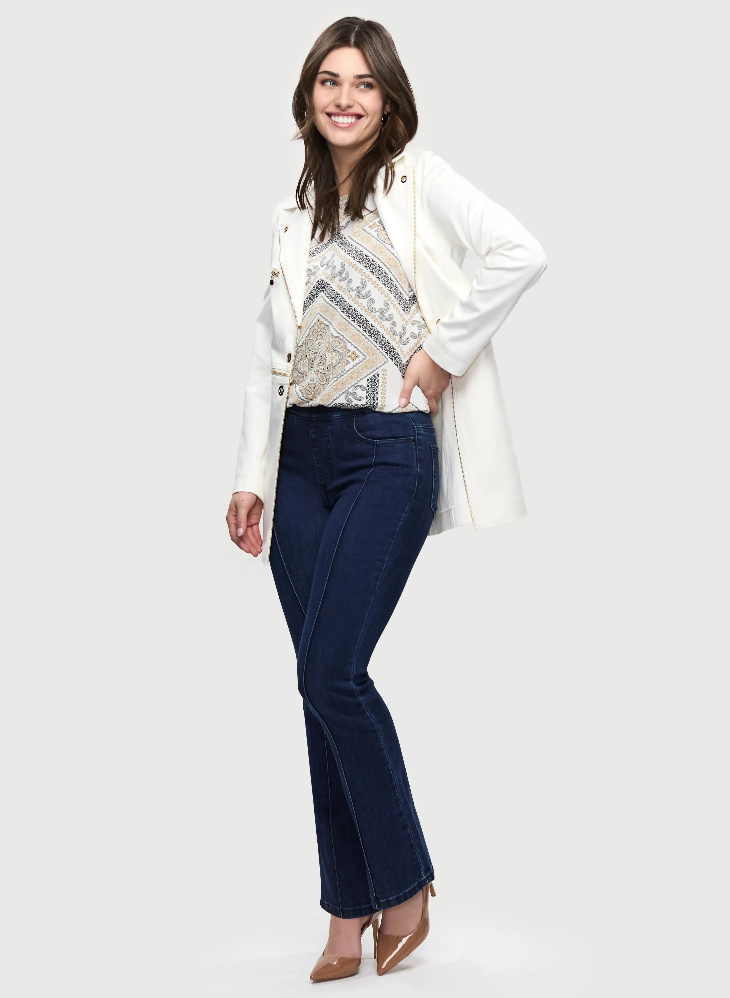 Open-Front Redingote Jacket & Pull-On Bootcut Jeans sold by Laura